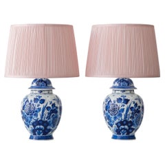Pair of Royal Delft Blue & White Hand-Painted Floral Ginger Jar Table Lamps