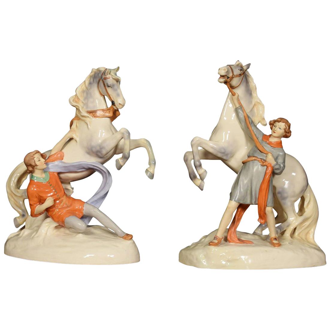 Pair of Royal Dux Figure Groups of Young Men with Horses