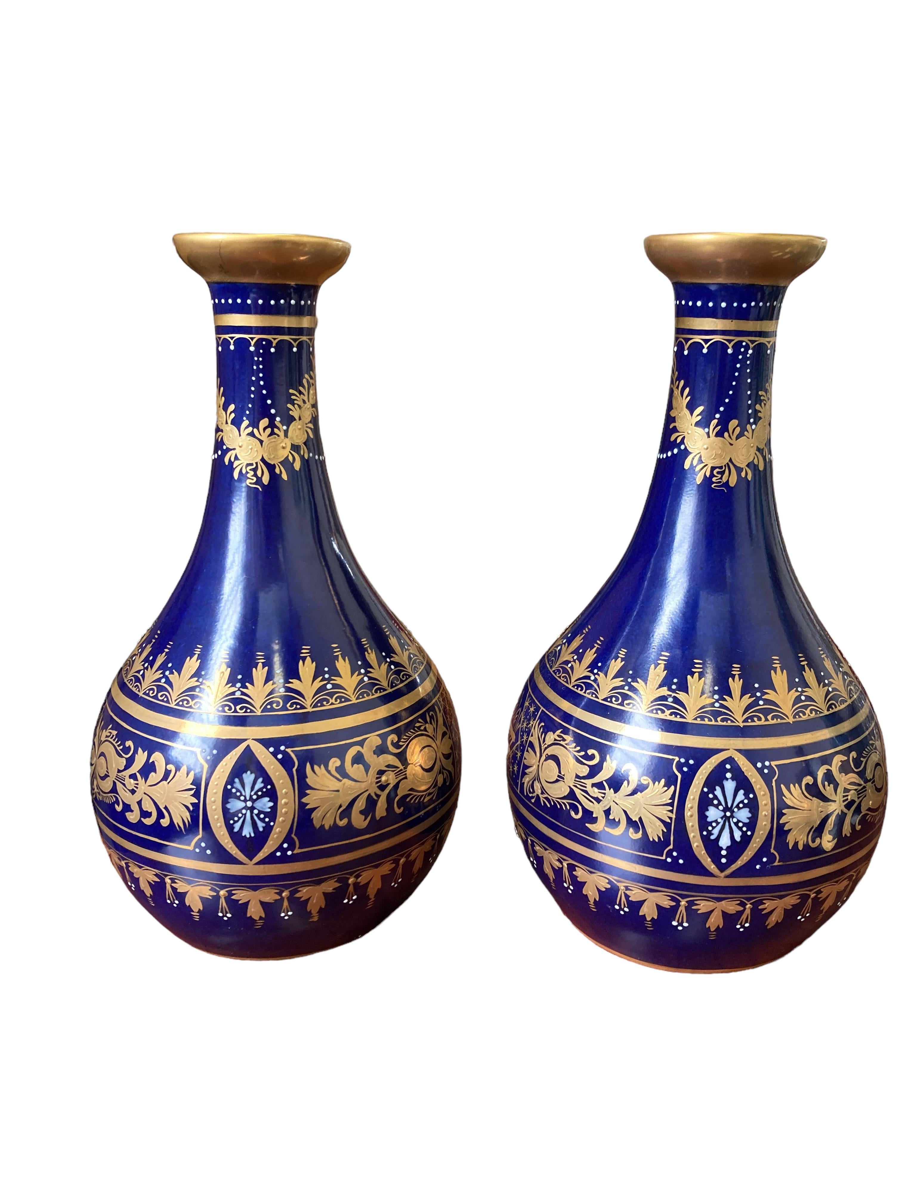 Baroque Pair of Royal Vienna Decanter Shaped Cobalt Blue Bud Vases