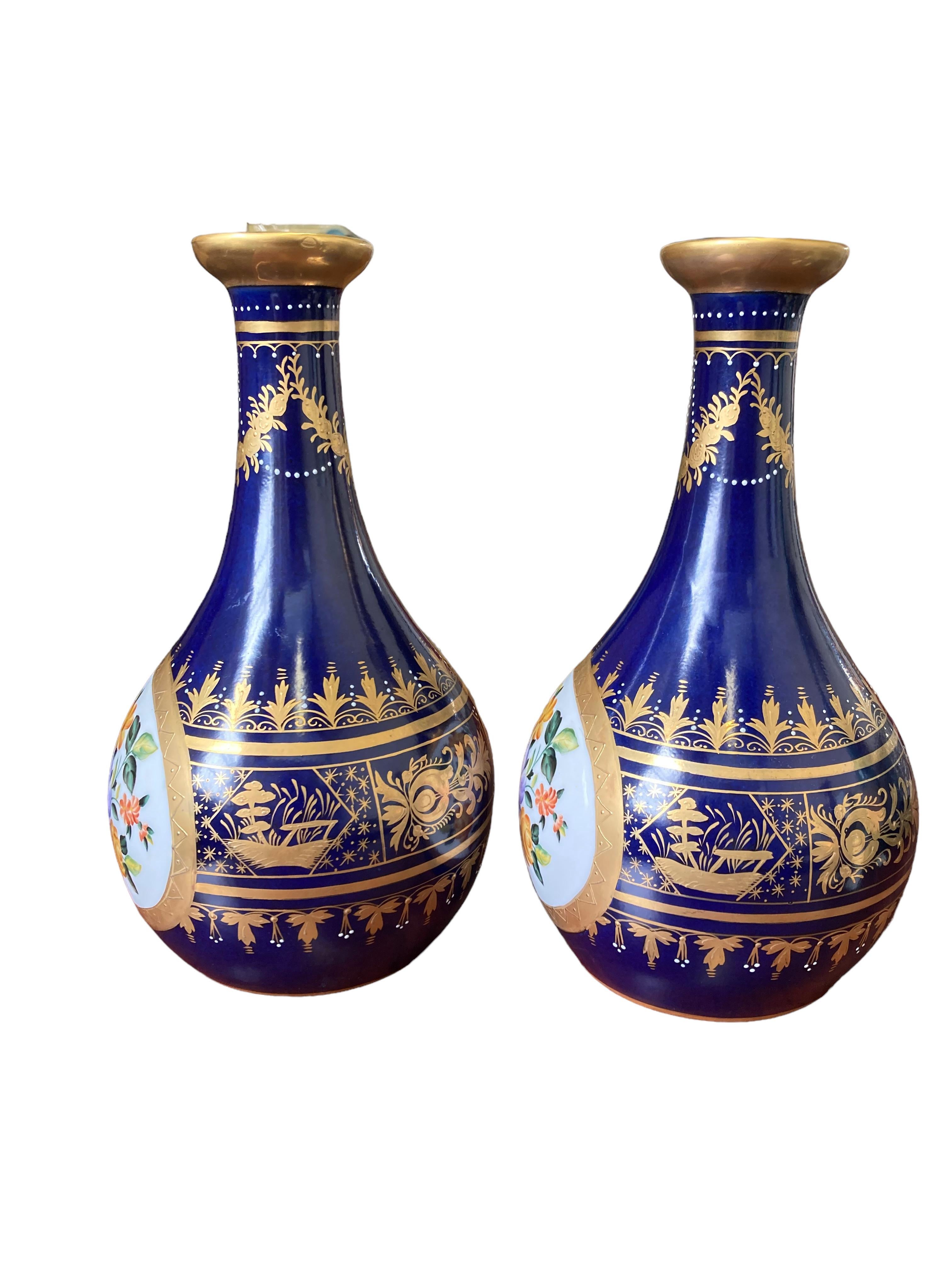Austrian Pair of Royal Vienna Decanter Shaped Cobalt Blue Bud Vases