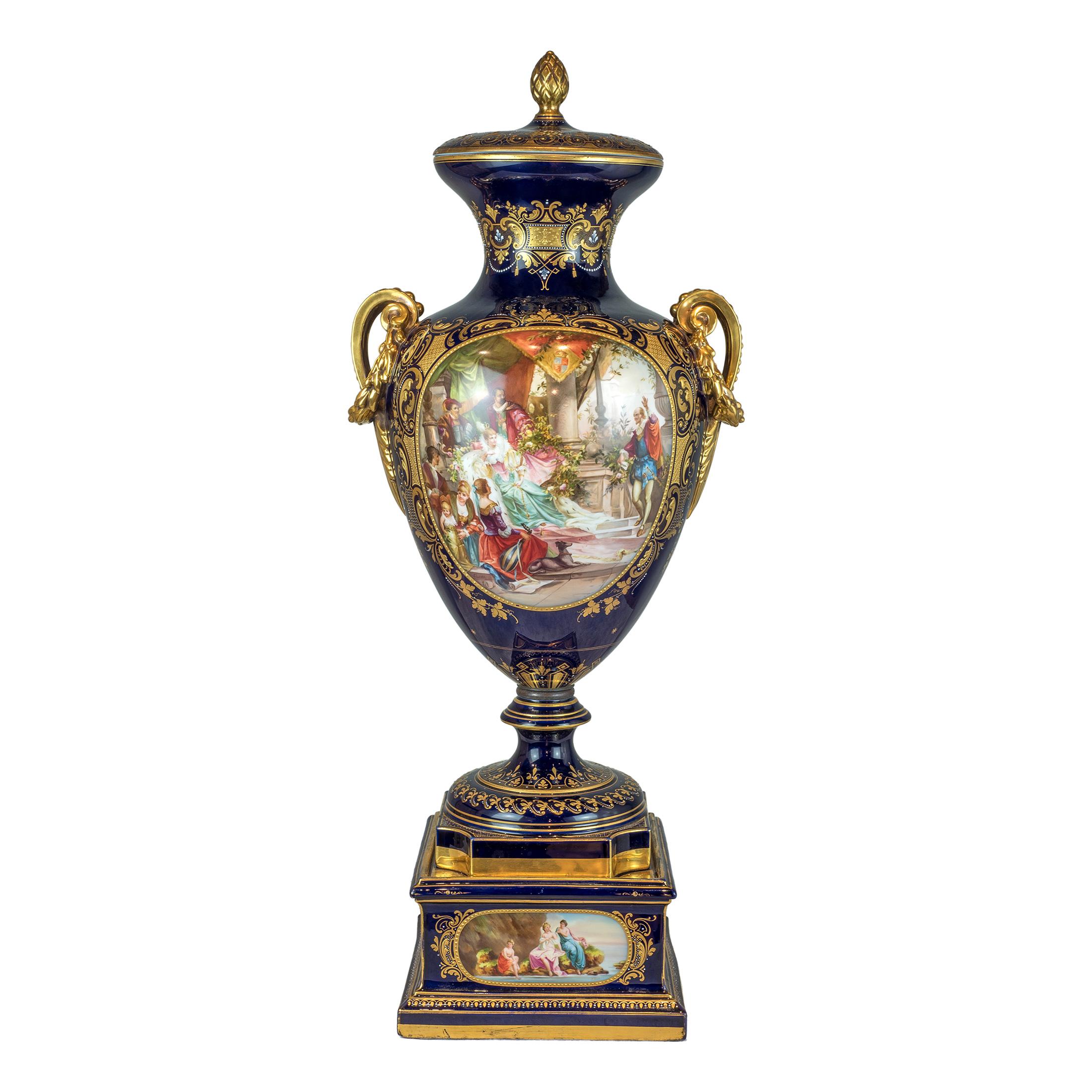 Austrian Pair of Royal Vienna Painted Porcelain Urn and Cover For Sale