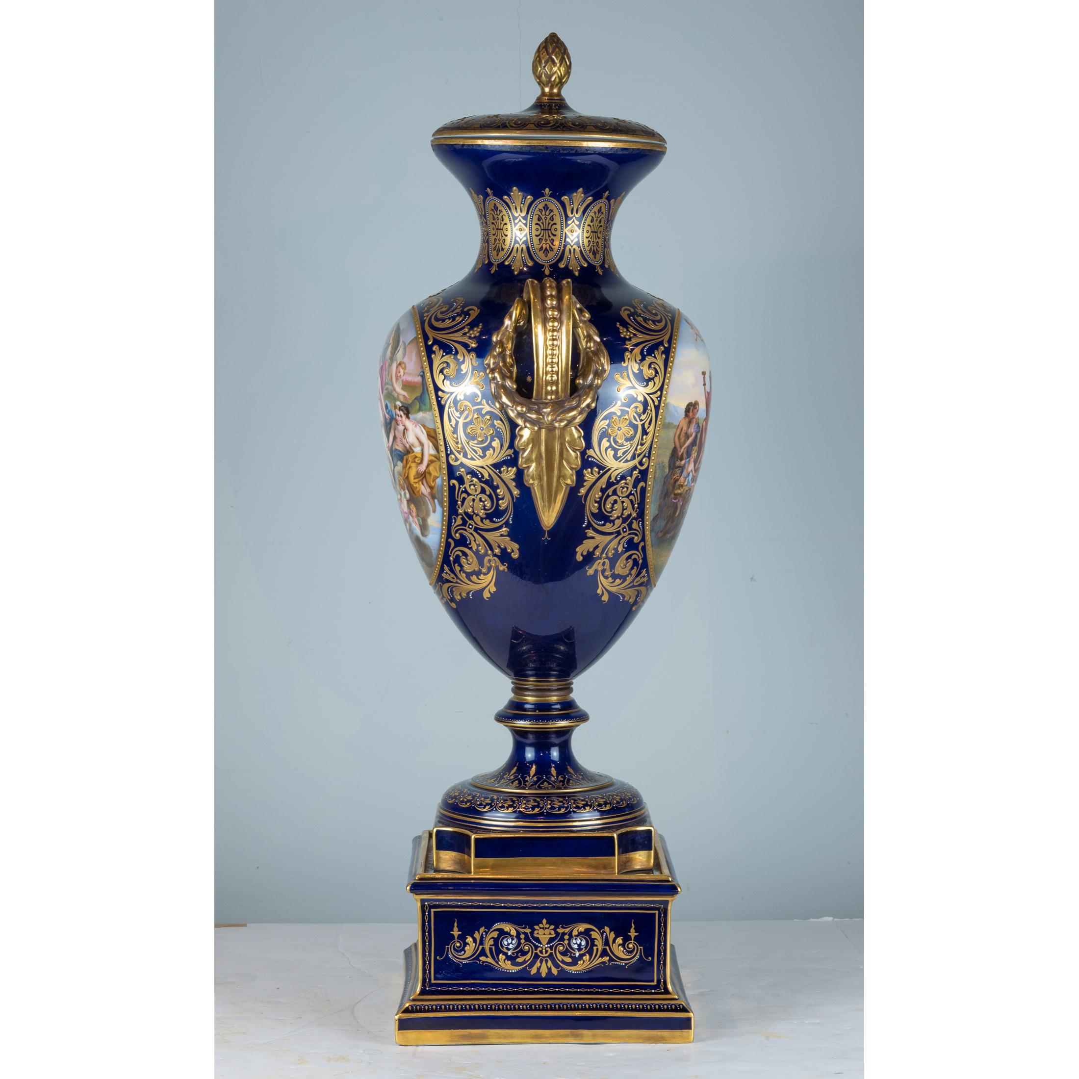 Gilt Pair of Royal Vienna Painted Porcelain Urn and Cover For Sale