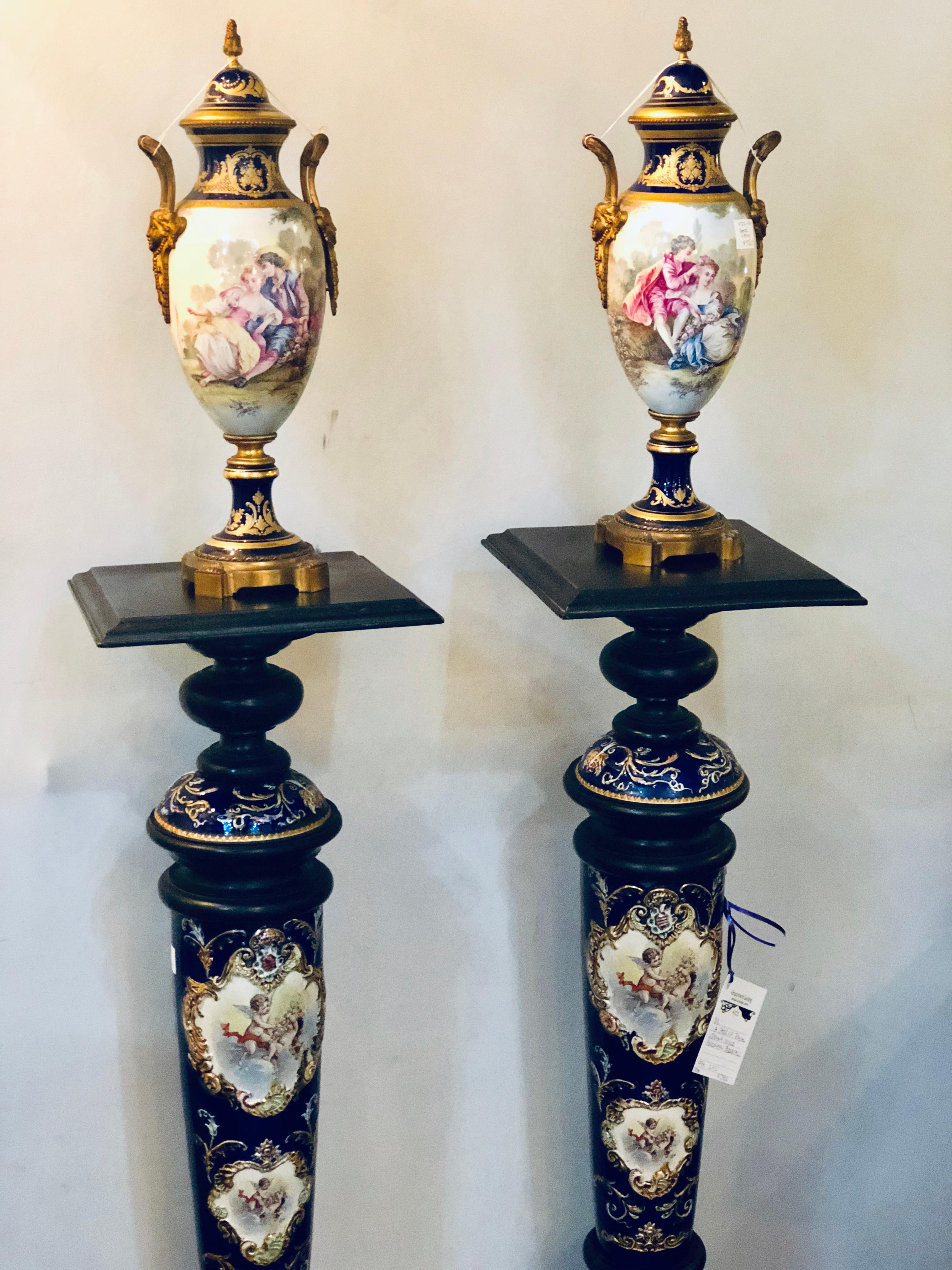Pair of Royal Vienna Style Porcelain and Ebony Column Pedestals 9