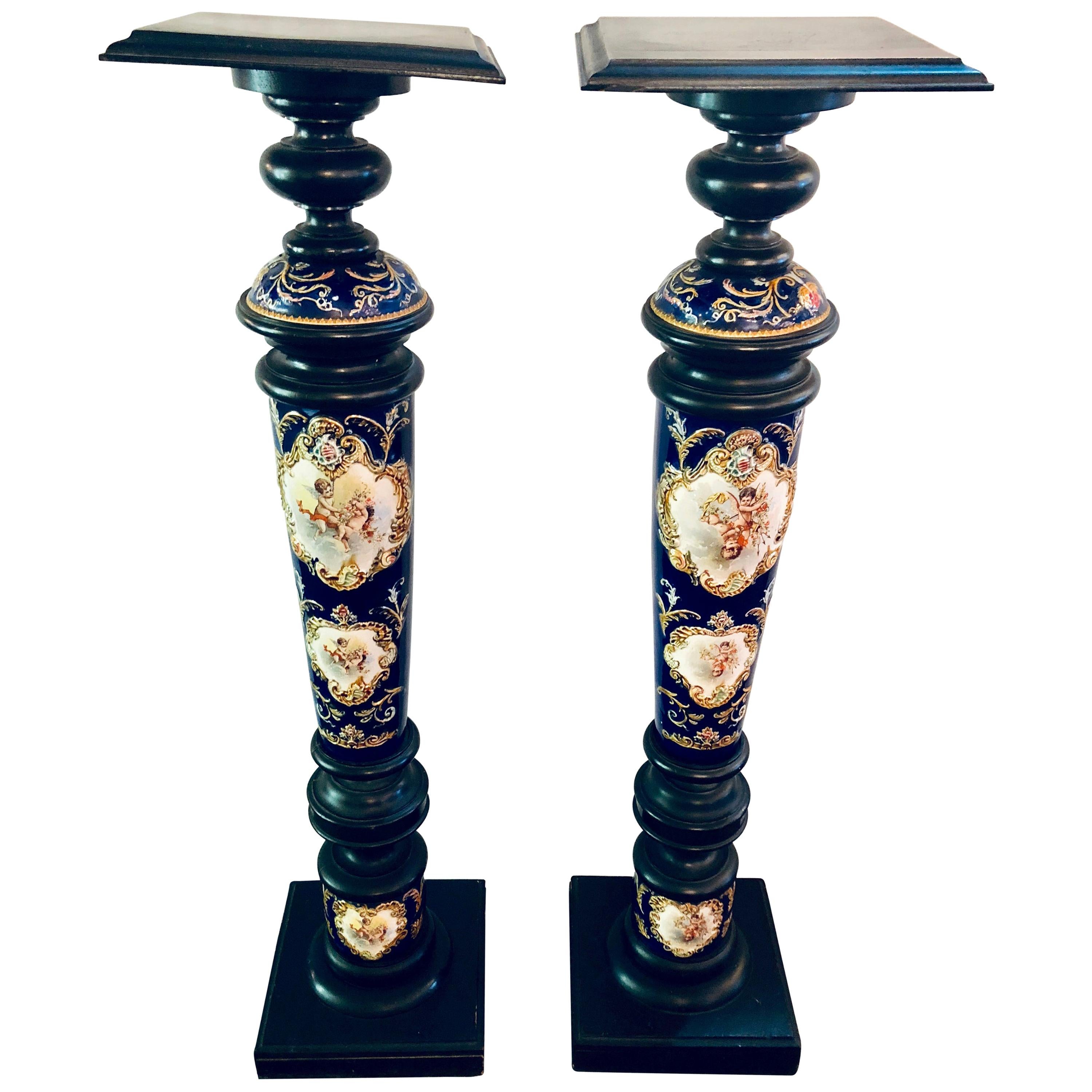 Pair of Royal Vienna Style Porcelain and Ebony Column Pedestals