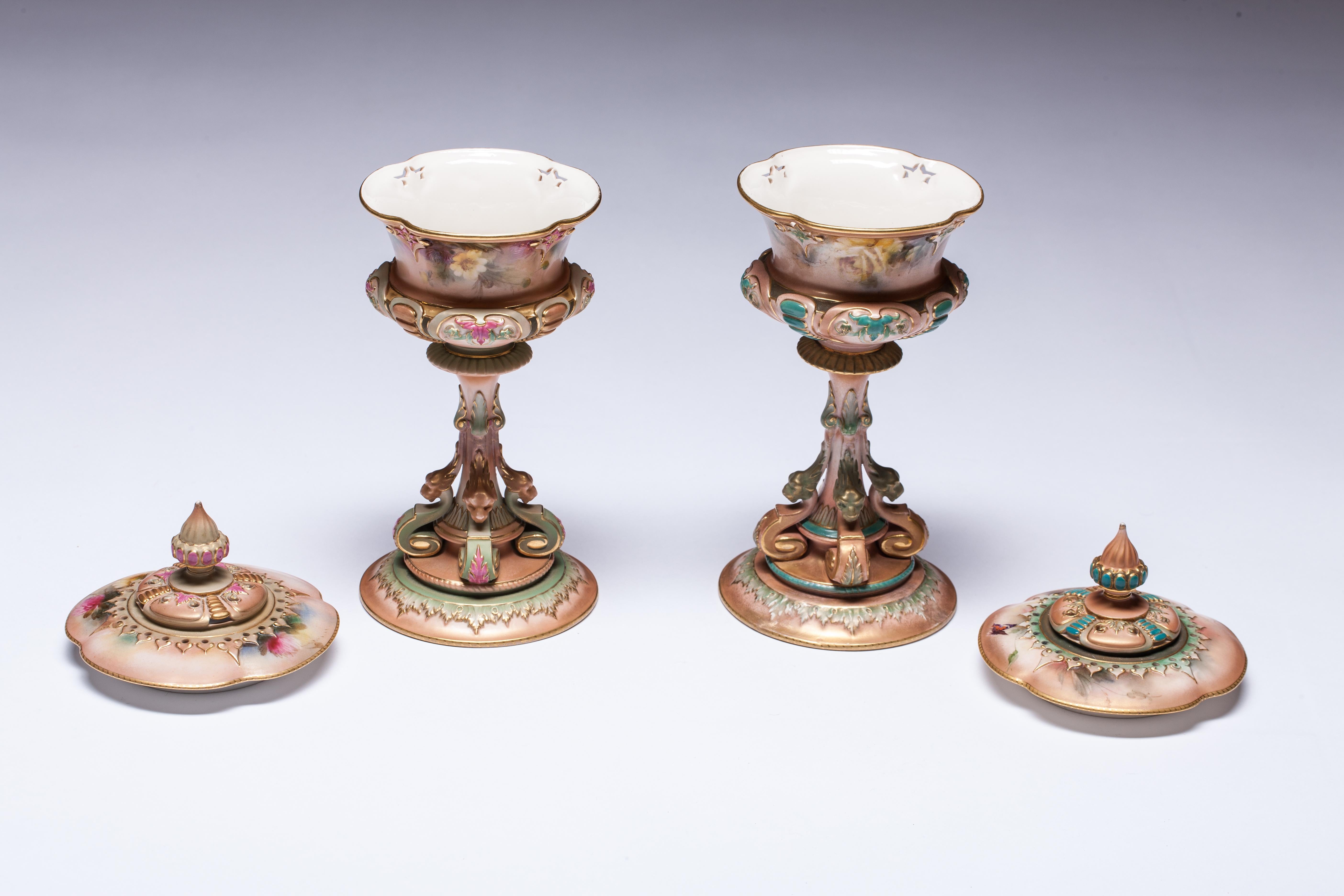 20th Century Pair of Royal Worcester Hadley Style Goblet Vases For Sale