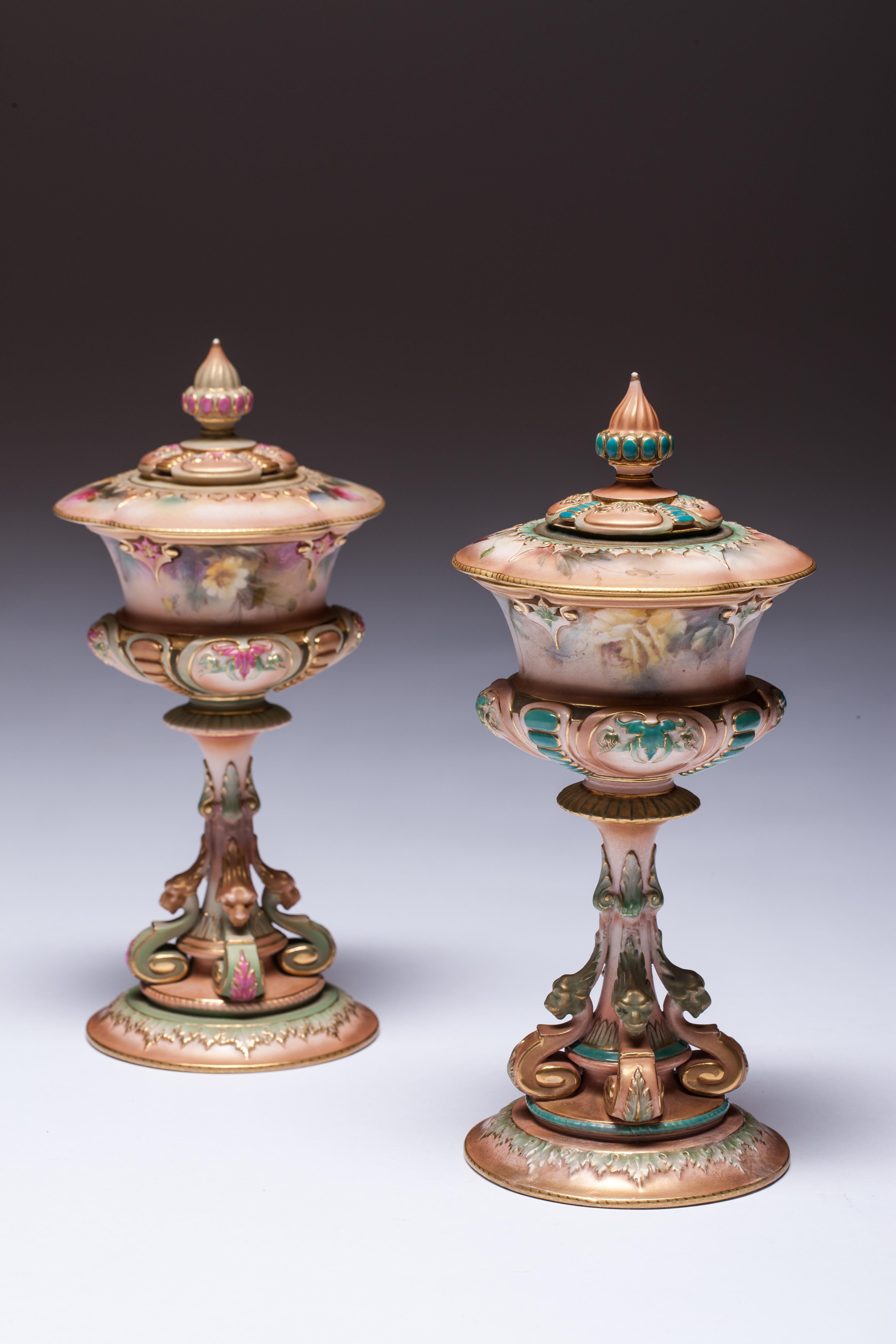 Porcelain Pair of Royal Worcester Hadley Style Goblet Vases For Sale