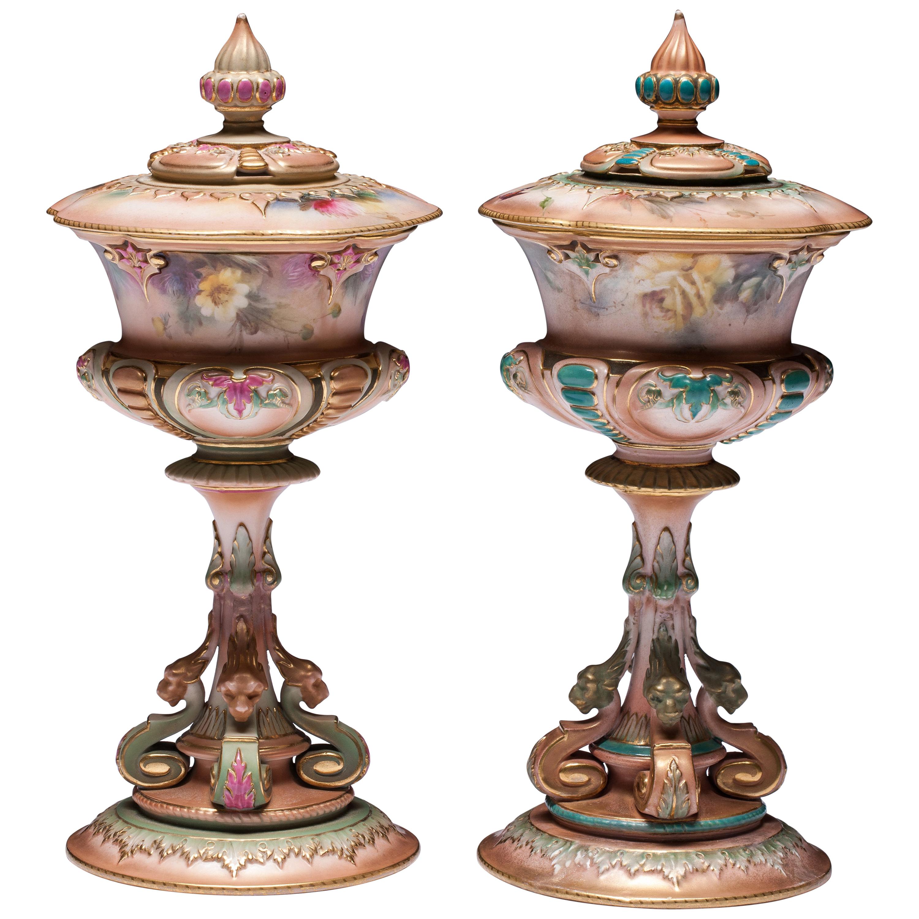 Pair of Royal Worcester Hadley Style Goblet Vases For Sale