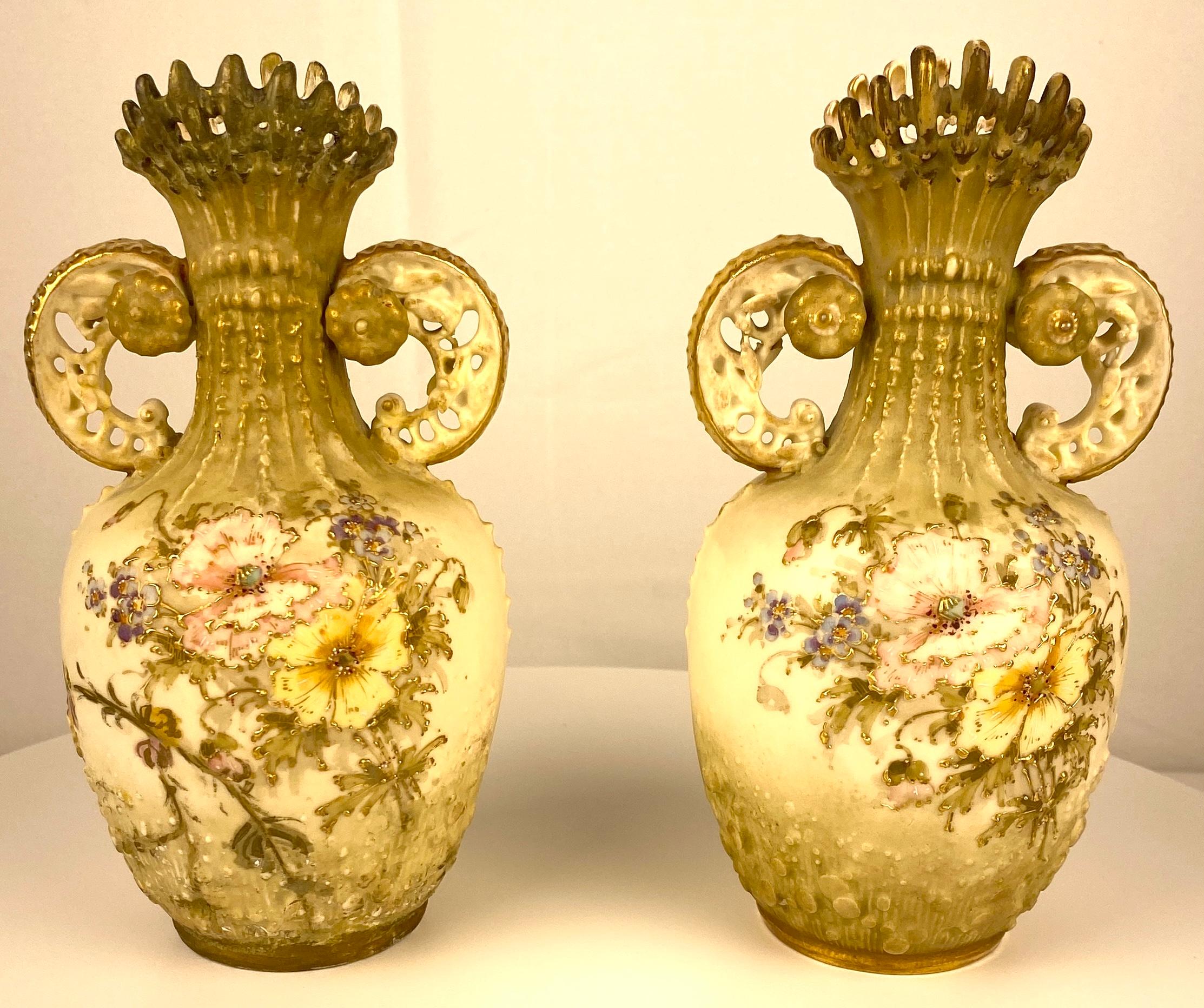 Pair of Royal Worcester Style Hand-Crafted Porcelain Vases Blush Ivory Austrian For Sale 4