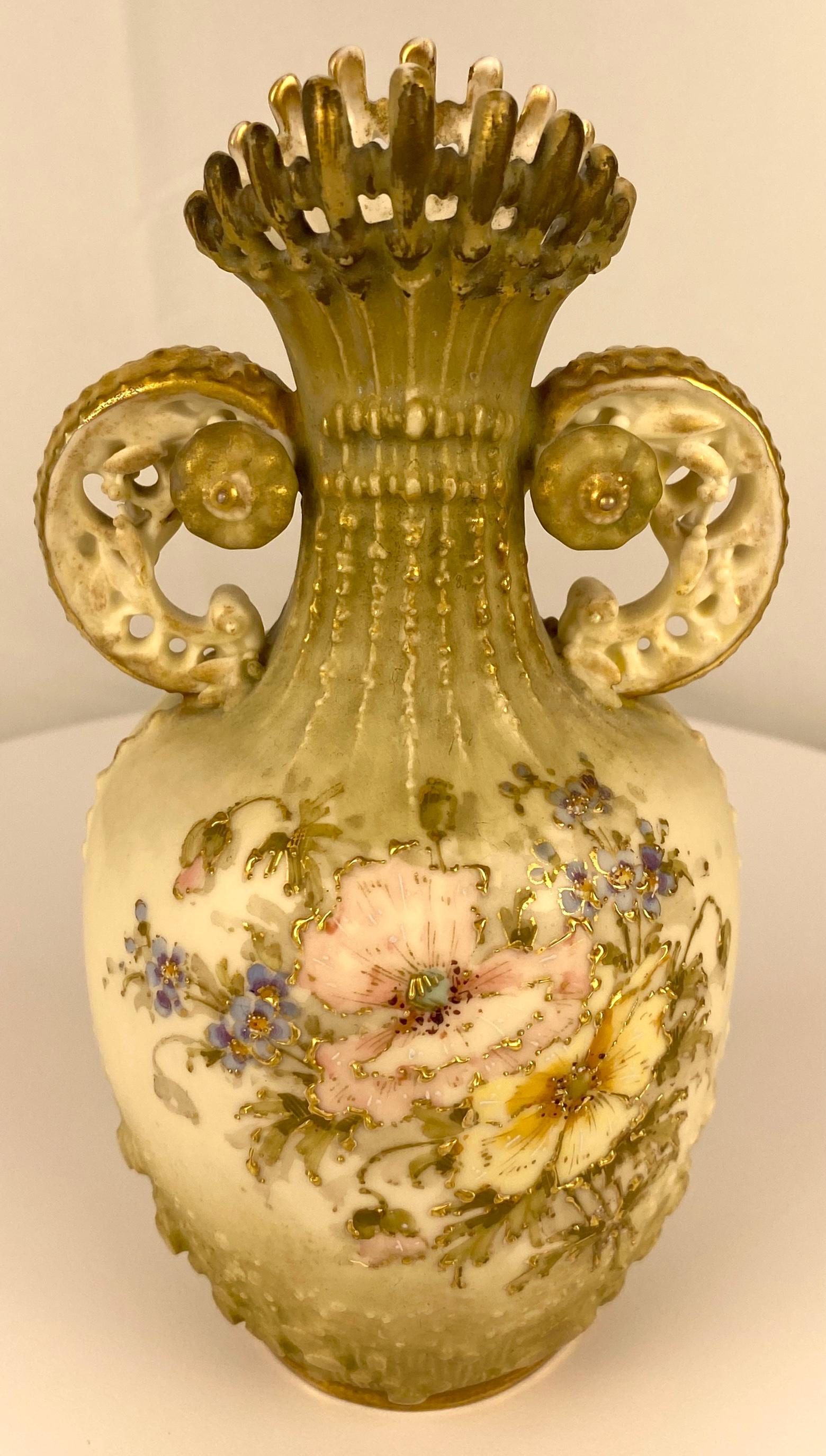Gilt Pair of Royal Worcester Style Hand-Crafted Porcelain Vases Blush Ivory Austrian For Sale
