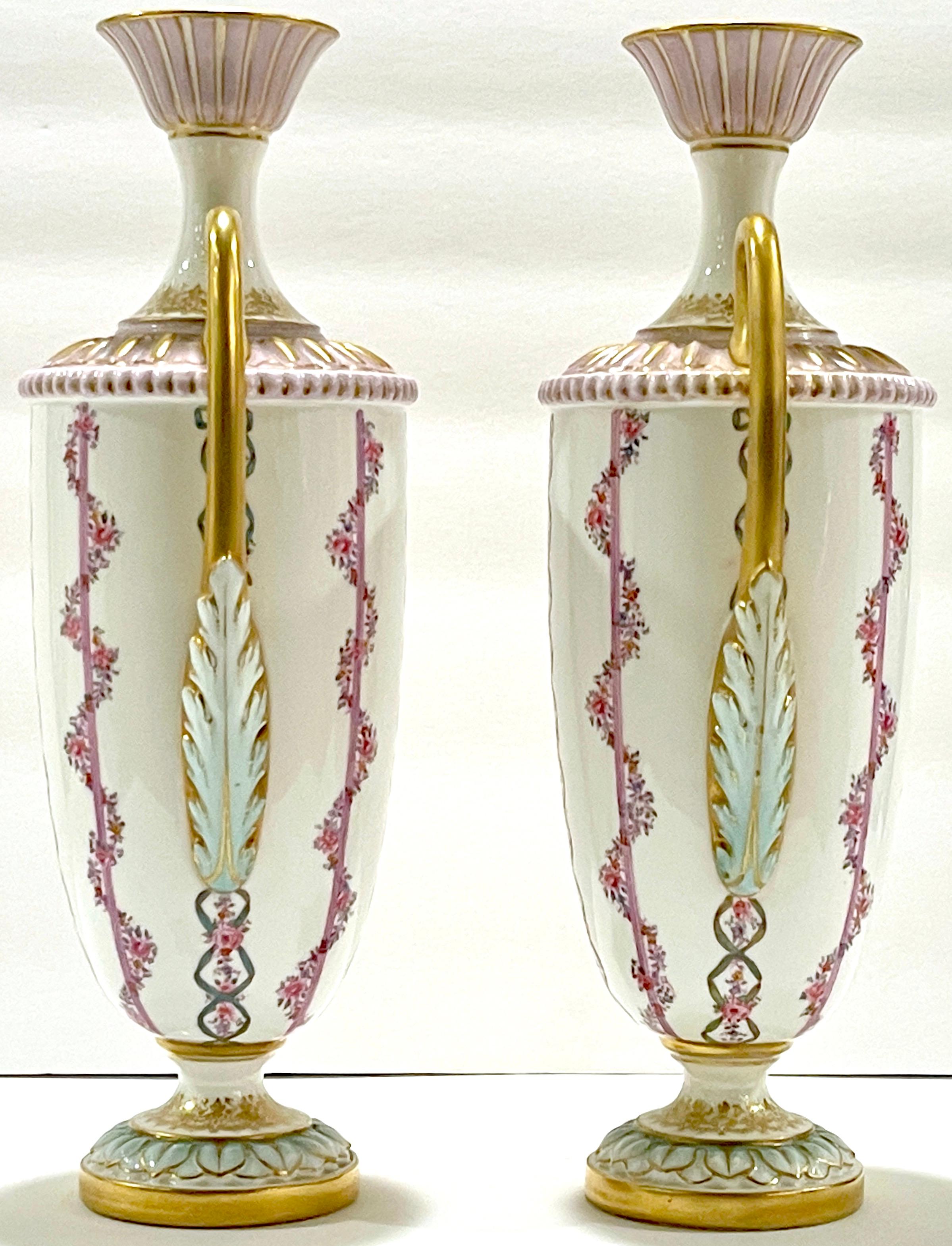 Gilt Pair of Royal Worcester Transitional Neoclassical Style Vases, England, 1901 For Sale