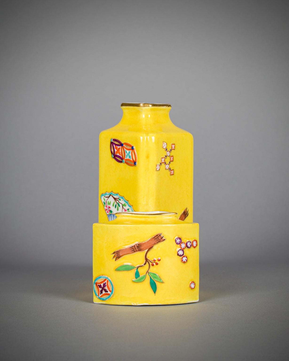 Late 19th Century Pair of Royal Worcester Yellow Ground Porcelain Vases, Dated 1877 For Sale