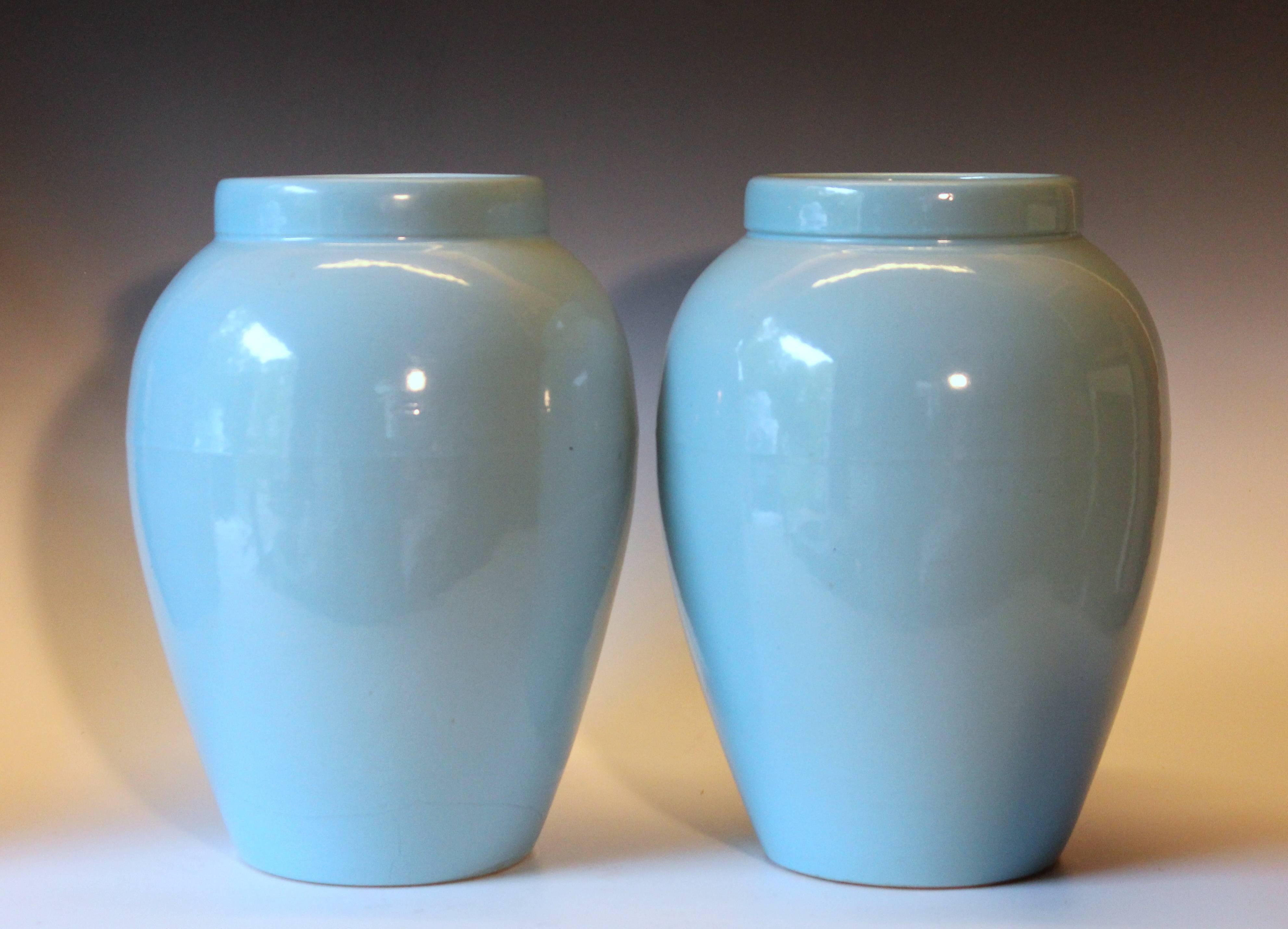 Pair of RRP CO Oil Jars Vases Sky Blue Large Vintage American Floor Pottery Urns 3
