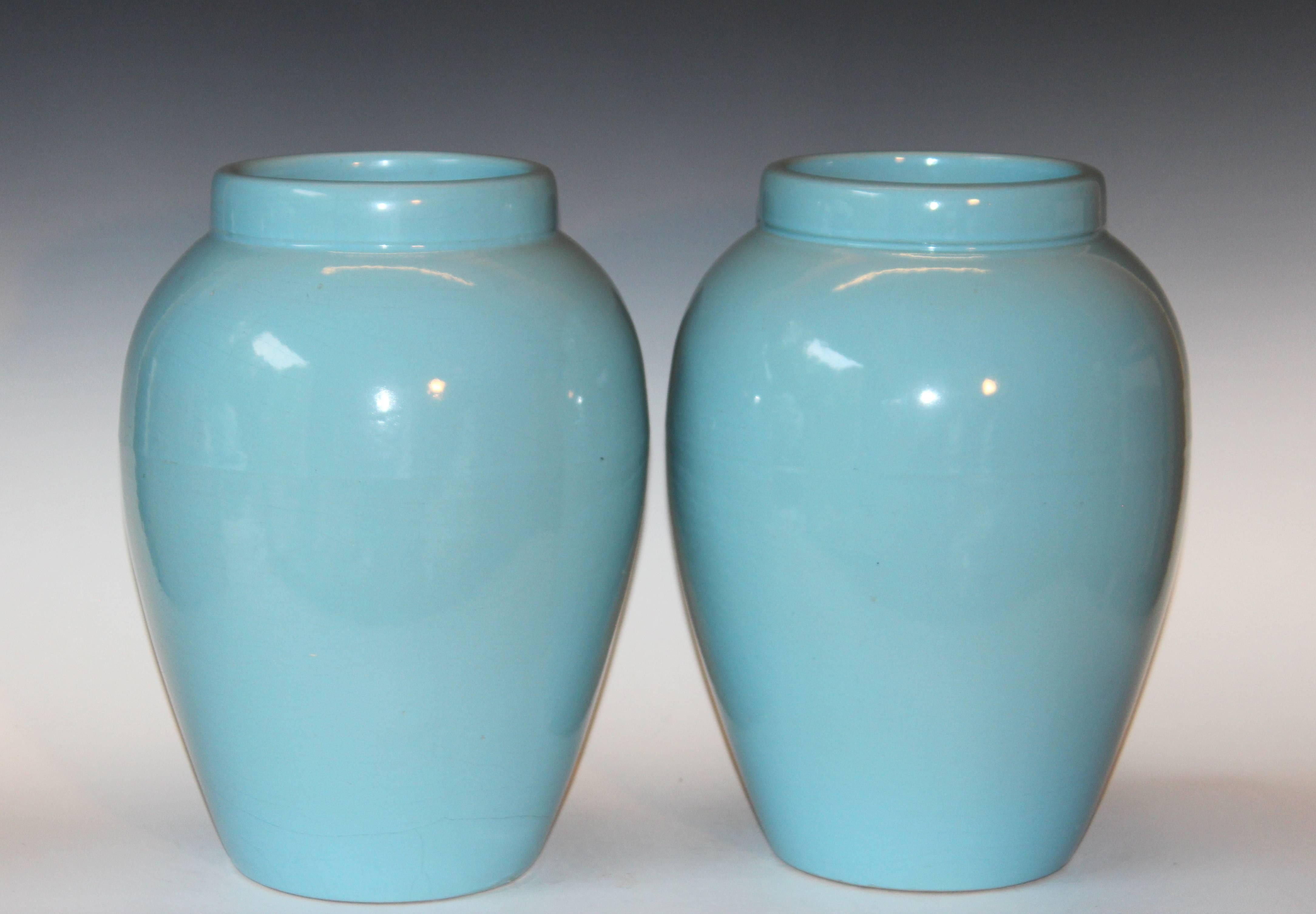 Art Deco Pair of RRP CO Oil Jars Vases Sky Blue Large Vintage American Floor Pottery Urns
