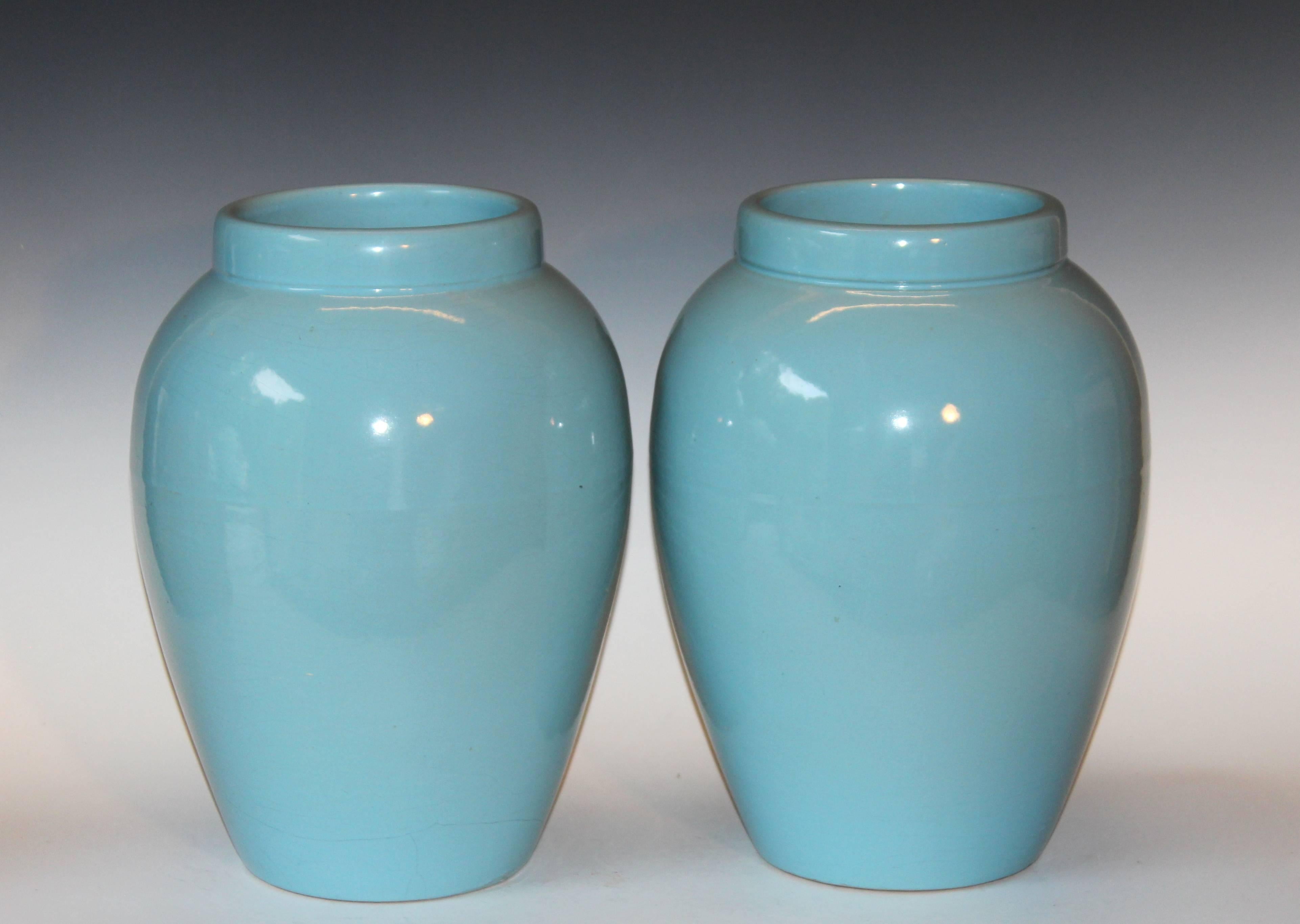 Molded Pair of RRP CO Oil Jars Vases Sky Blue Large Vintage American Floor Pottery Urns