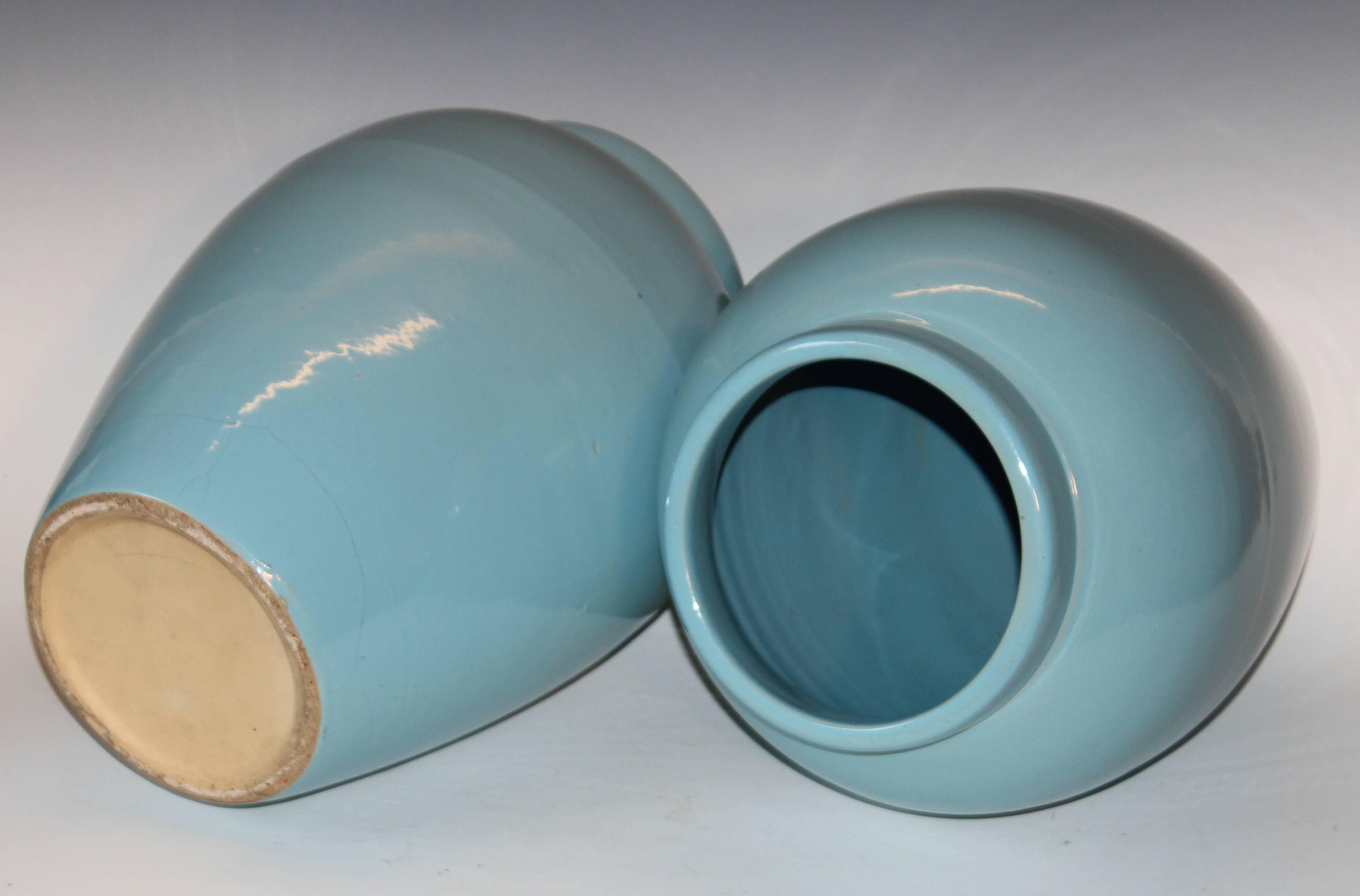 Pair of RRP CO Oil Jars Vases Sky Blue Large Vintage American Floor Pottery Urns In Excellent Condition In Wilton, CT