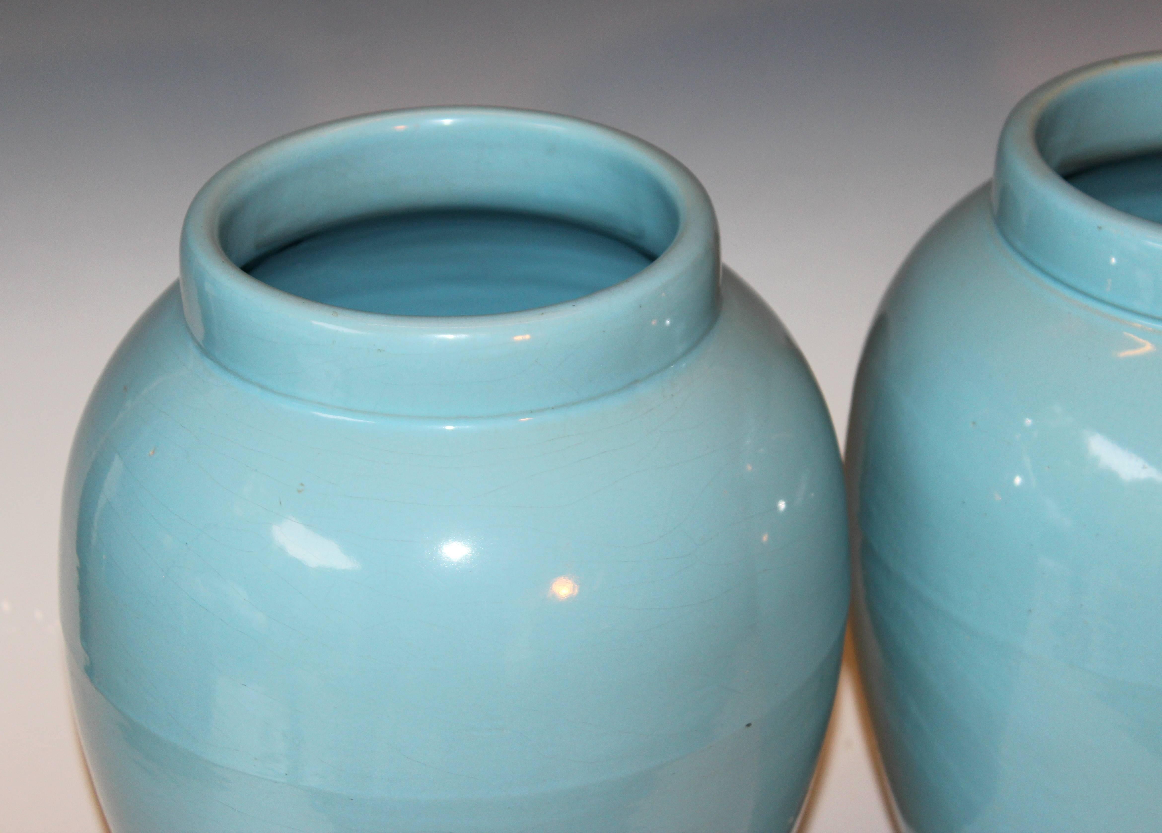 Stoneware Pair of RRP CO Oil Jars Vases Sky Blue Large Vintage American Floor Pottery Urns