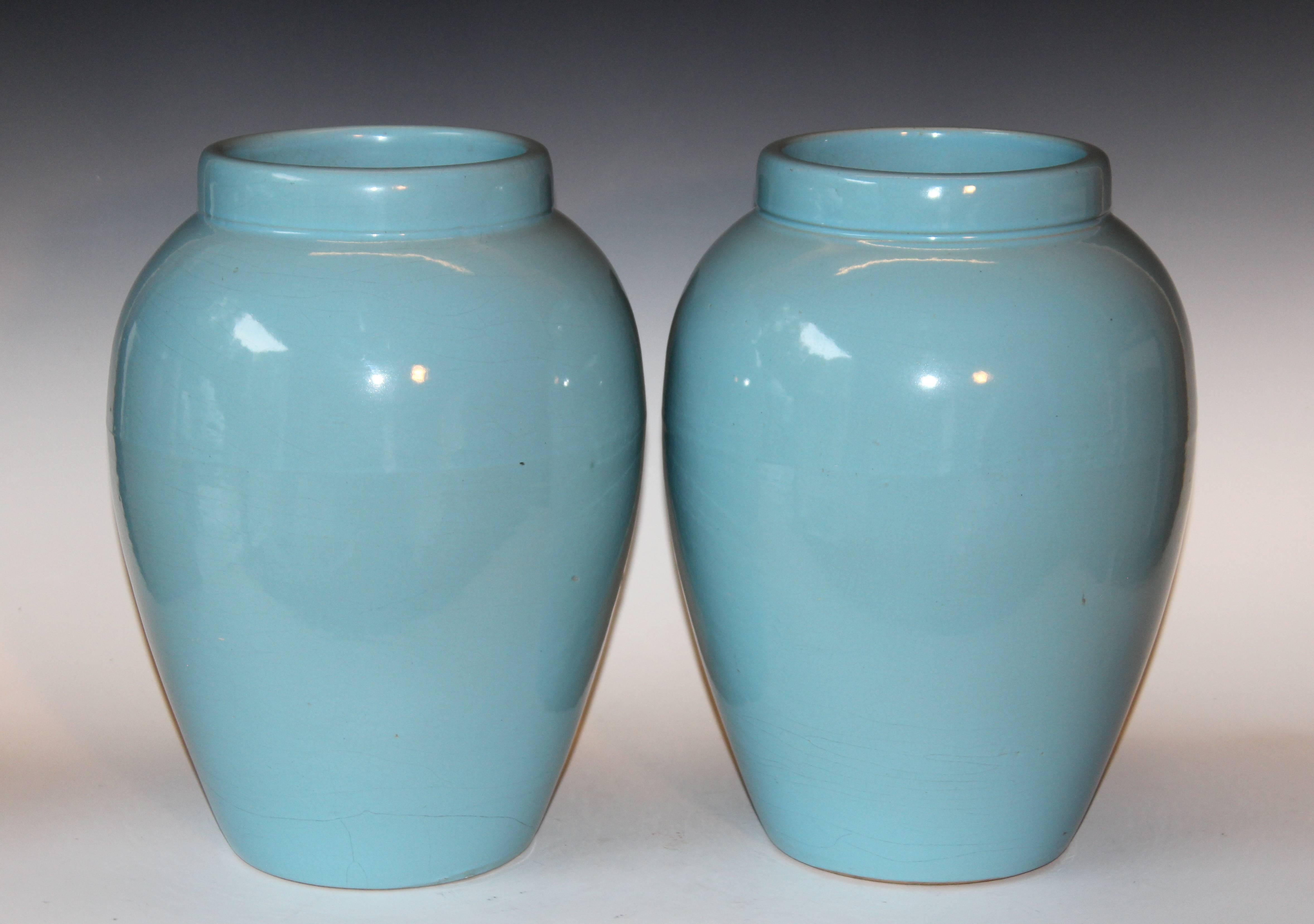 Pair of RRP CO Oil Jars Vases Sky Blue Large Vintage American Floor Pottery Urns 2