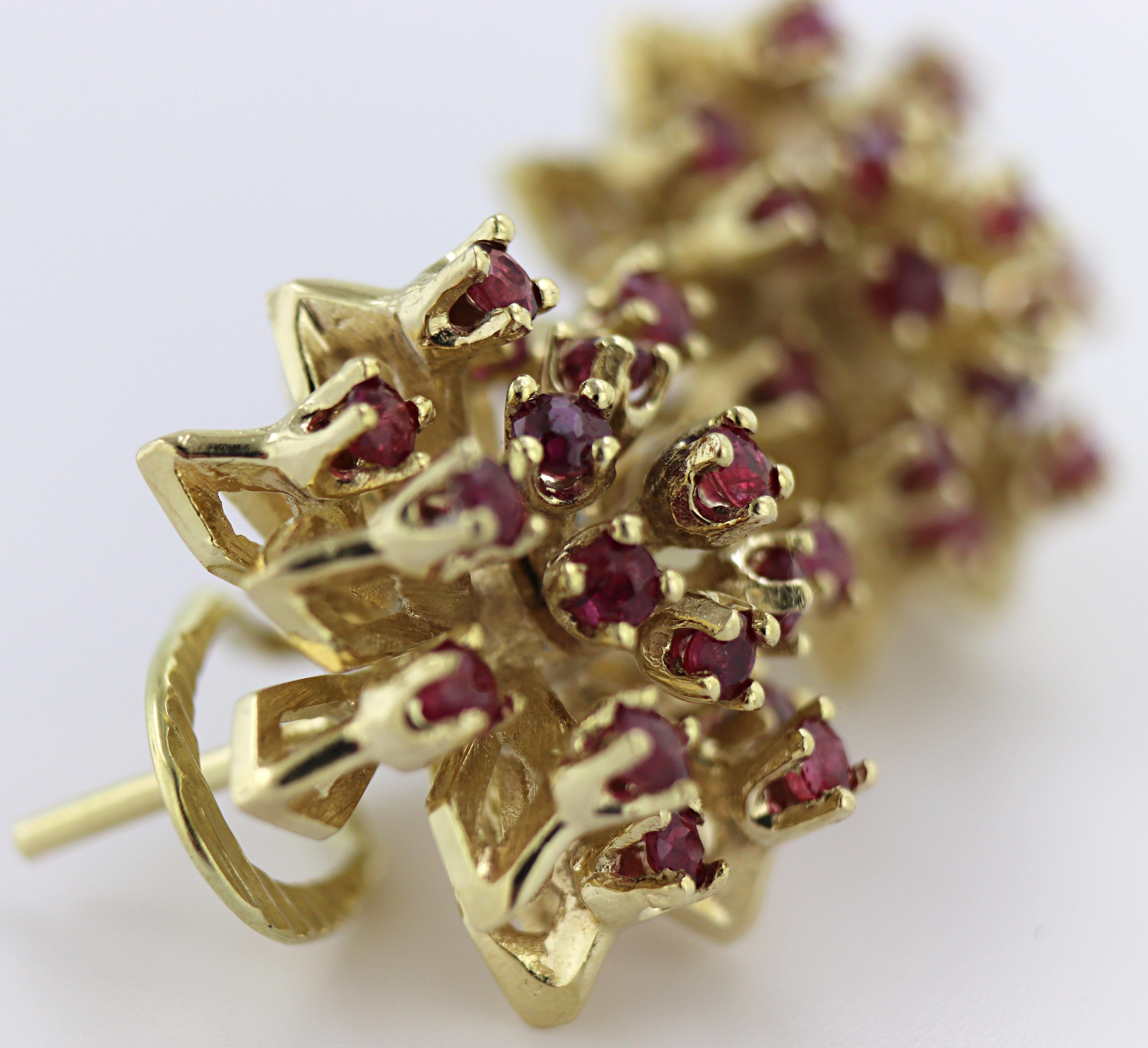 Artisan Pair of Ruby, 14k Yellow Gold Flower Earrings For Sale