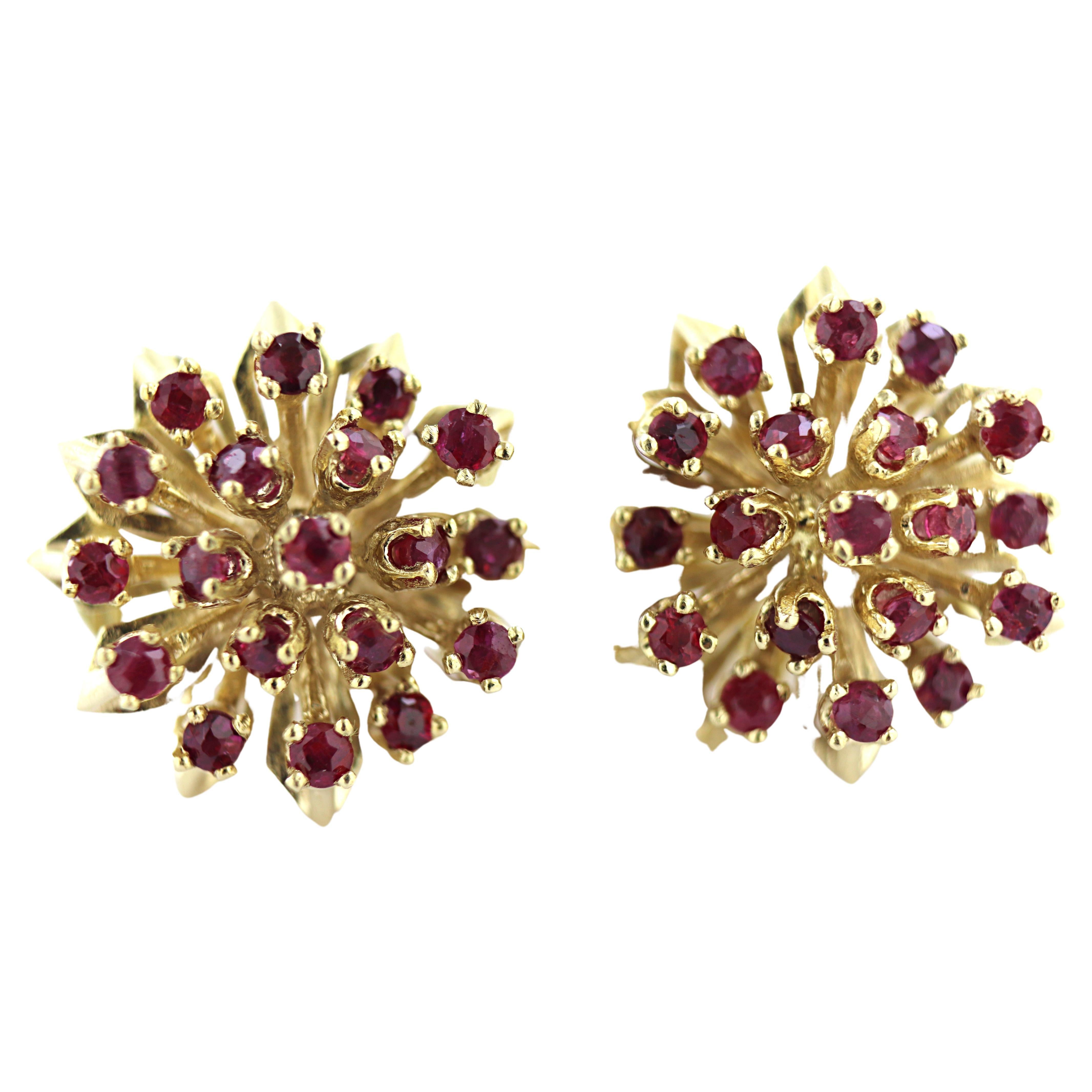 Pair of Ruby, 14k Yellow Gold Flower Earrings For Sale
