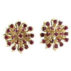 Used Pair of Ruby, 14k Yellow Gold Flower Earrings