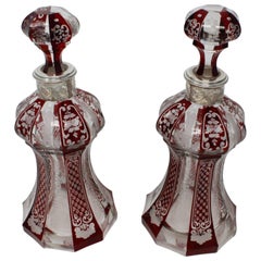 Pair of Ruby and Clear Bohemian Decanter, SS Collars, circa 1900