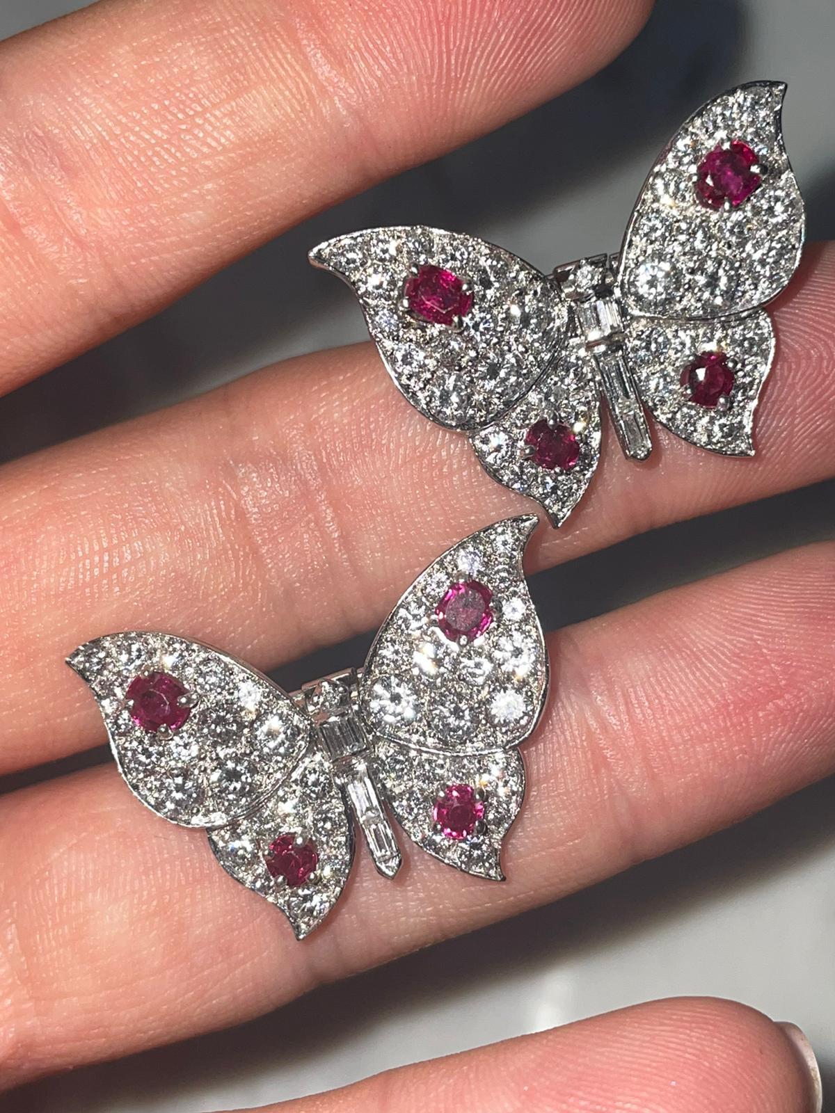 Pair of Ruby and Diamond Butterfly Brooches, by Suzanne Belperron  For Sale 3