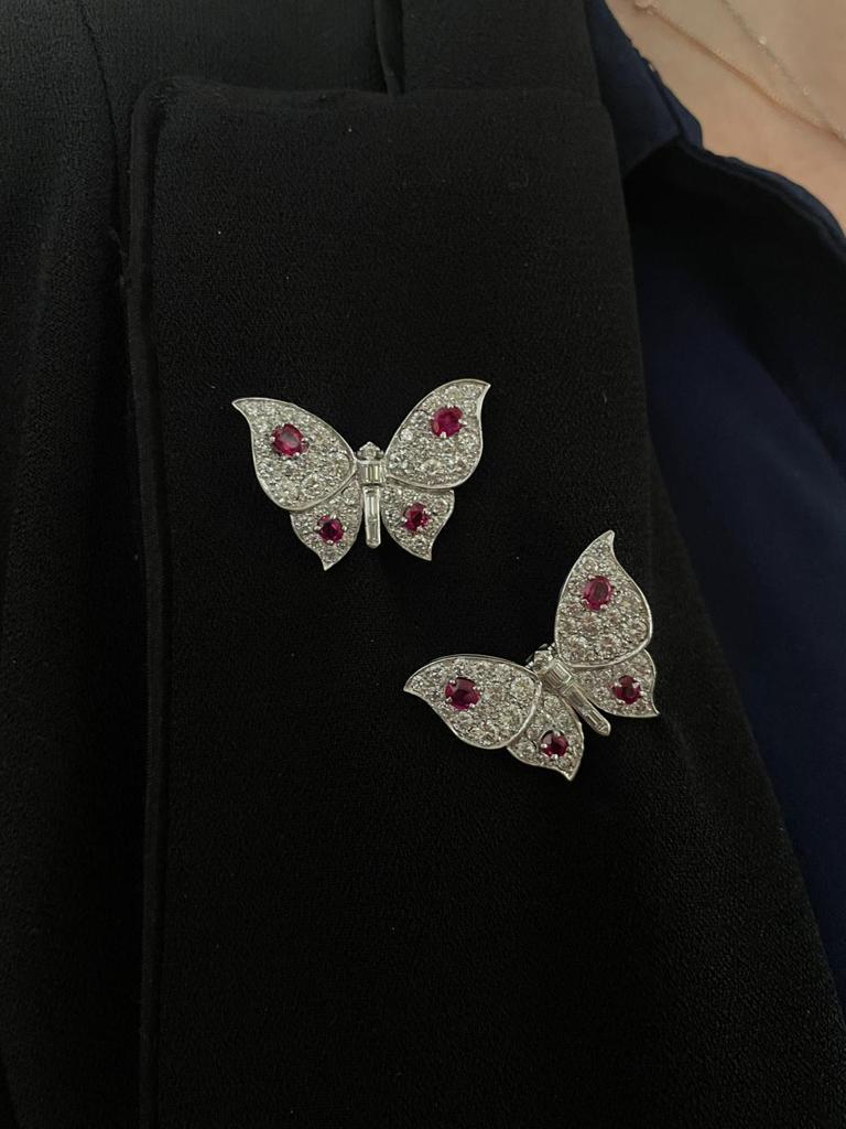 Retro Pair of Ruby and Diamond Butterfly Brooches, by Suzanne Belperron  For Sale