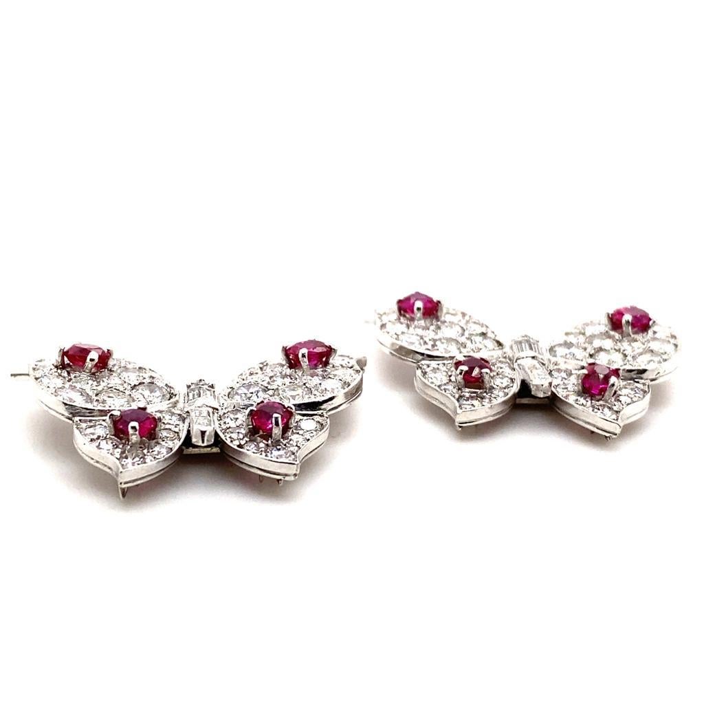 Round Cut Pair of Ruby and Diamond Butterfly Brooches, by Suzanne Belperron  For Sale