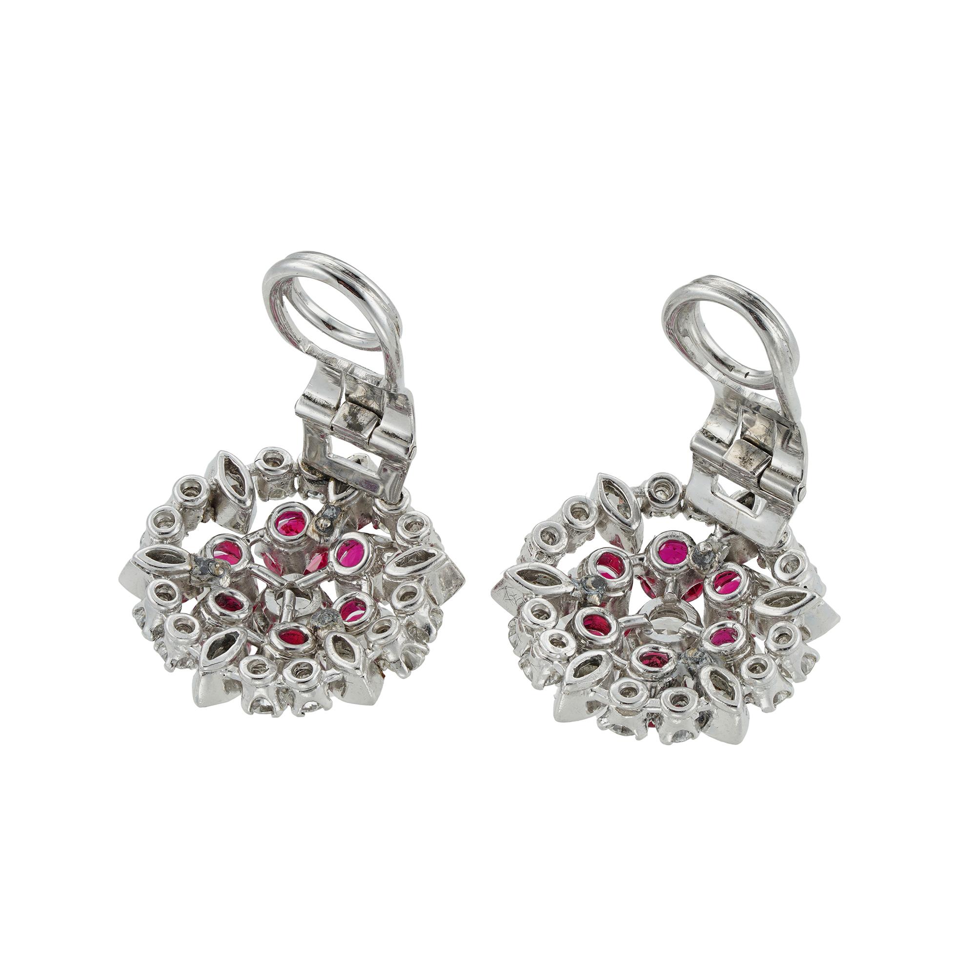 Brilliant Cut Pair of Ruby and Diamond Cluster Earrings For Sale