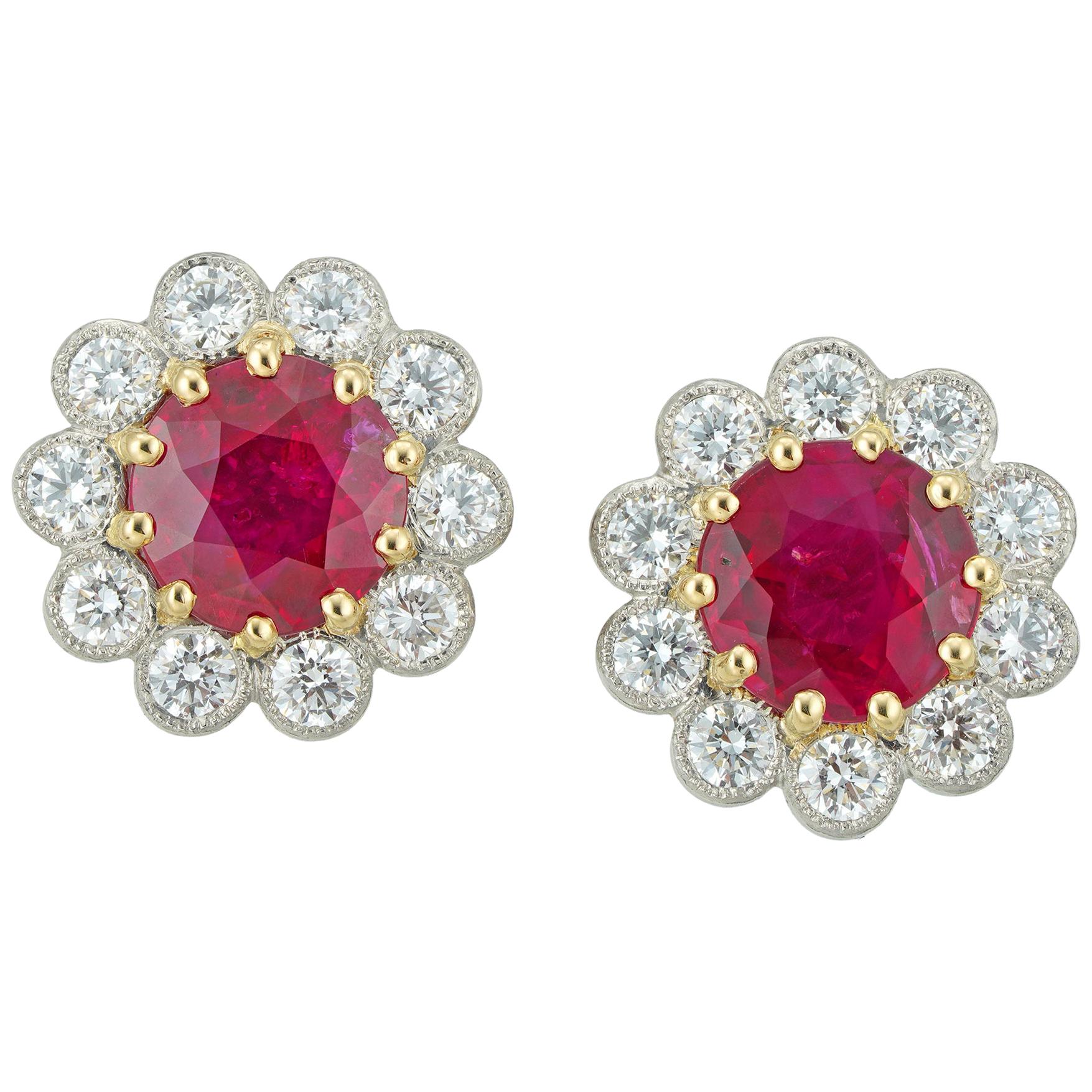 Pair of Ruby and Diamond Cluster Earrings For Sale