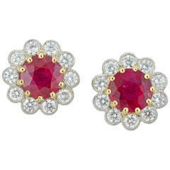 Pair of Ruby and Diamond Cluster Earrings