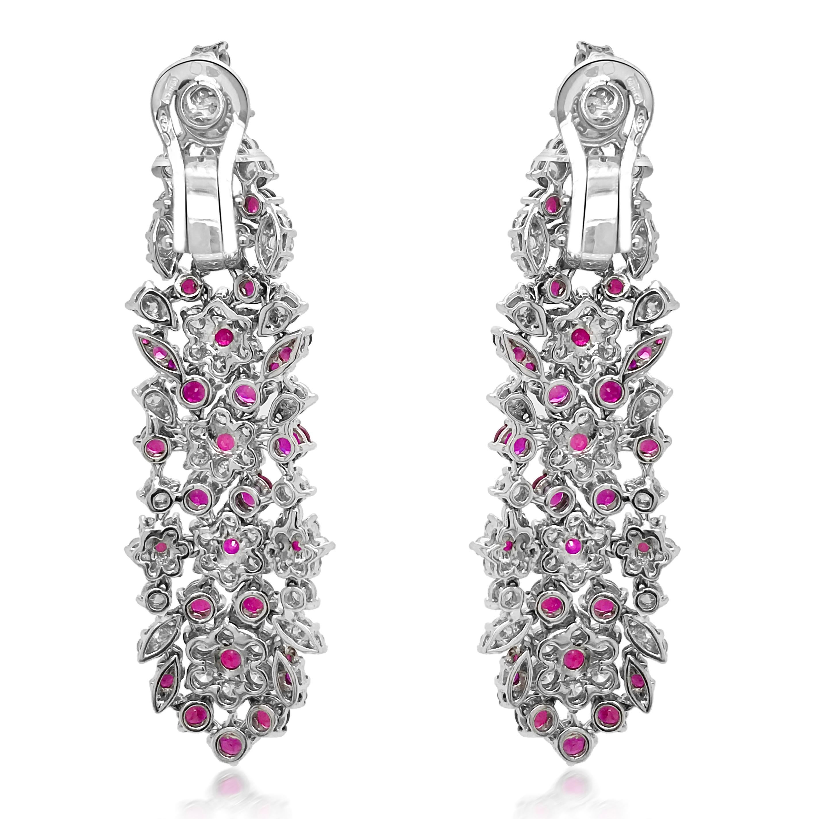 Round Cut Pair of Ruby and Diamond Earrings