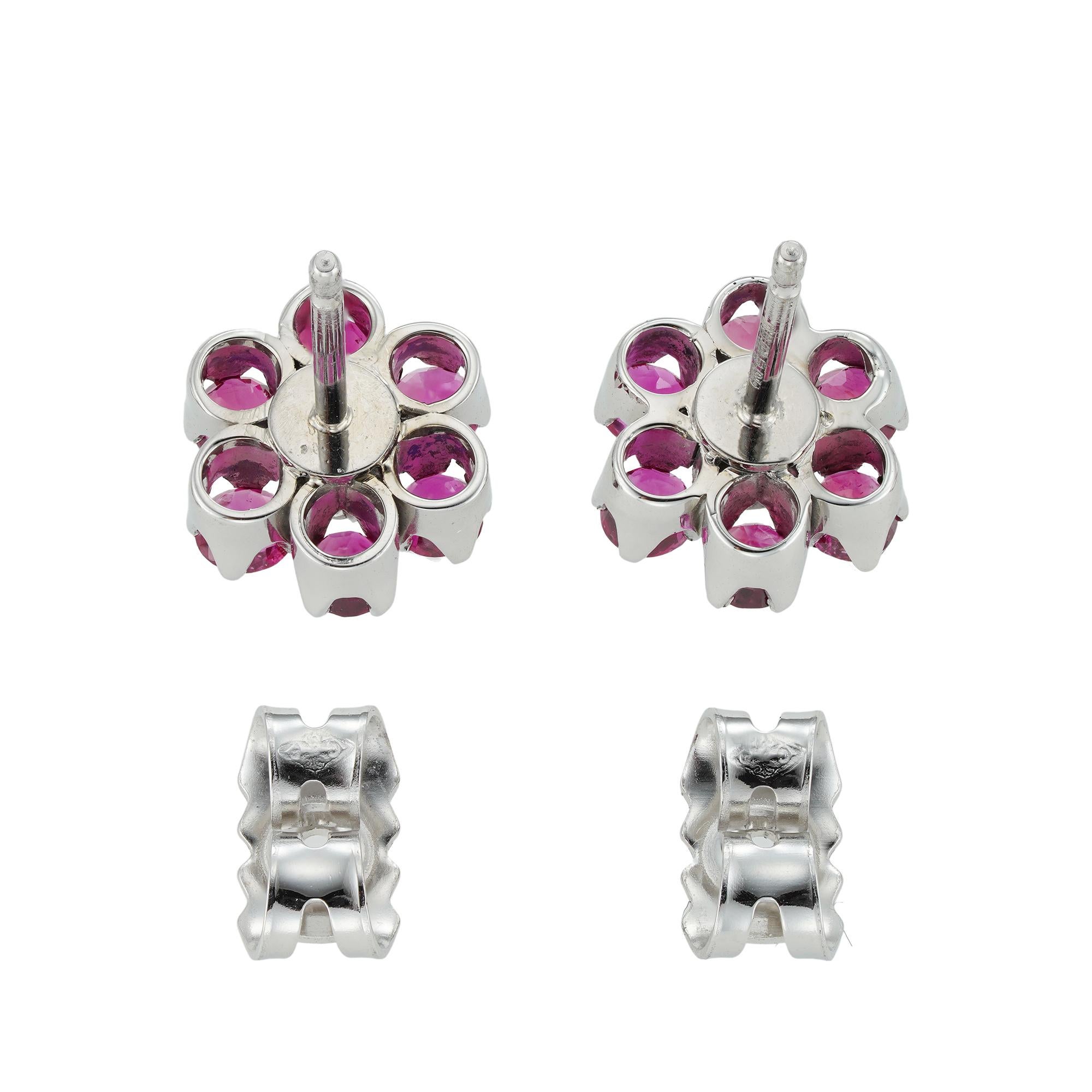 Retro Pair of Ruby and Diamond Floral Cluster Stud Earrings