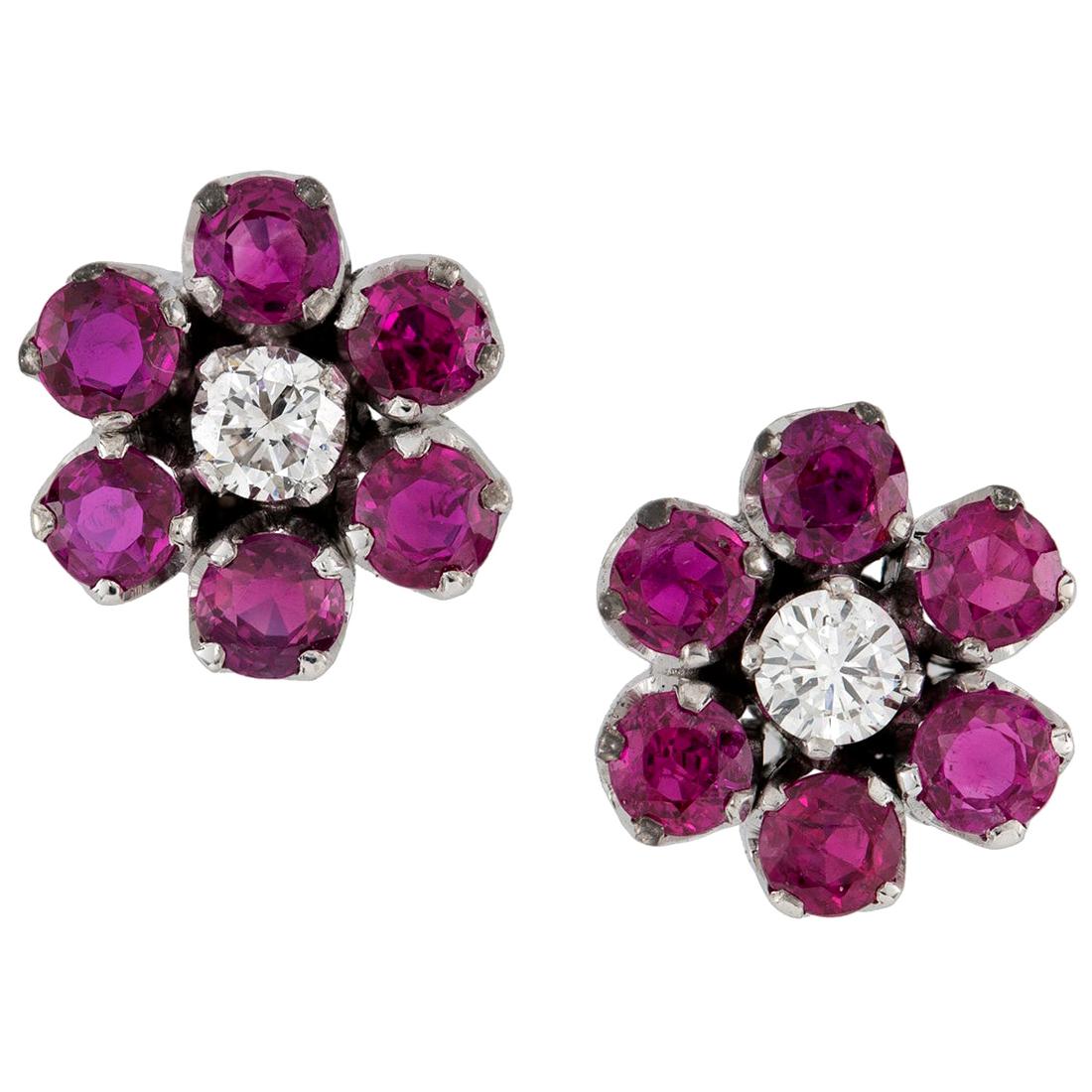 Pair of Ruby and Diamond Floral Cluster Stud Earrings