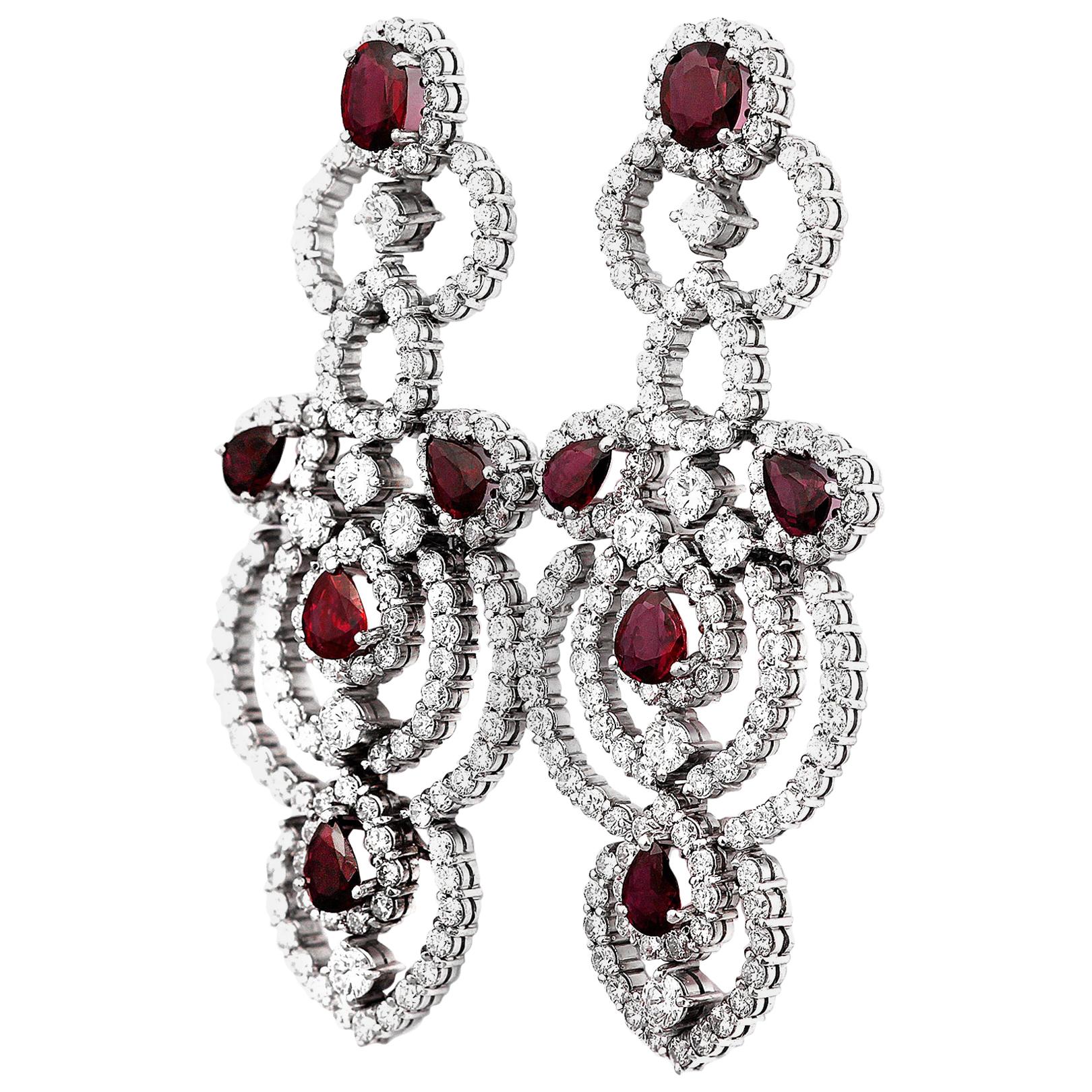 Retro Pair of Ruby & Diamond Drop/Chandelier Earrings in 18K White Gold