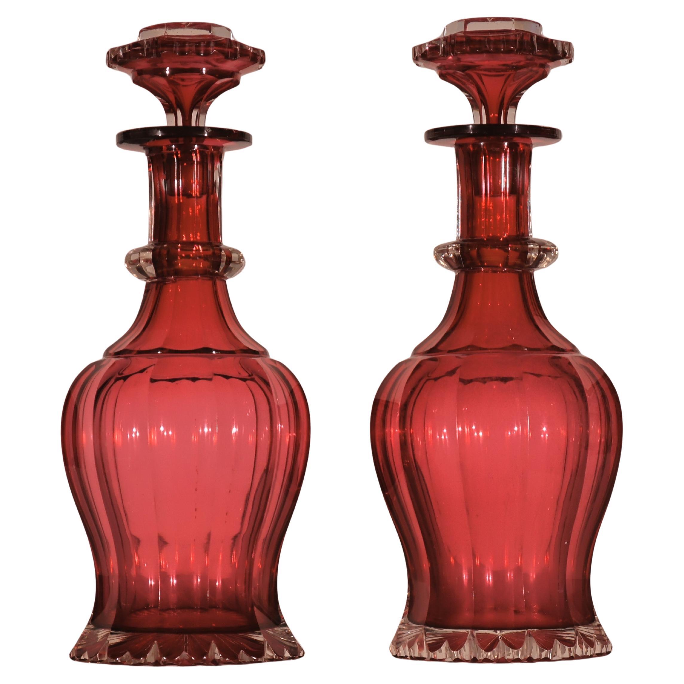 Pair of Ruby Decanters with Lids. For Sale