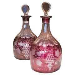 Antique Pair of Ruby Flashed and Engraved Early 19th Century Bohemian Glass Decanters