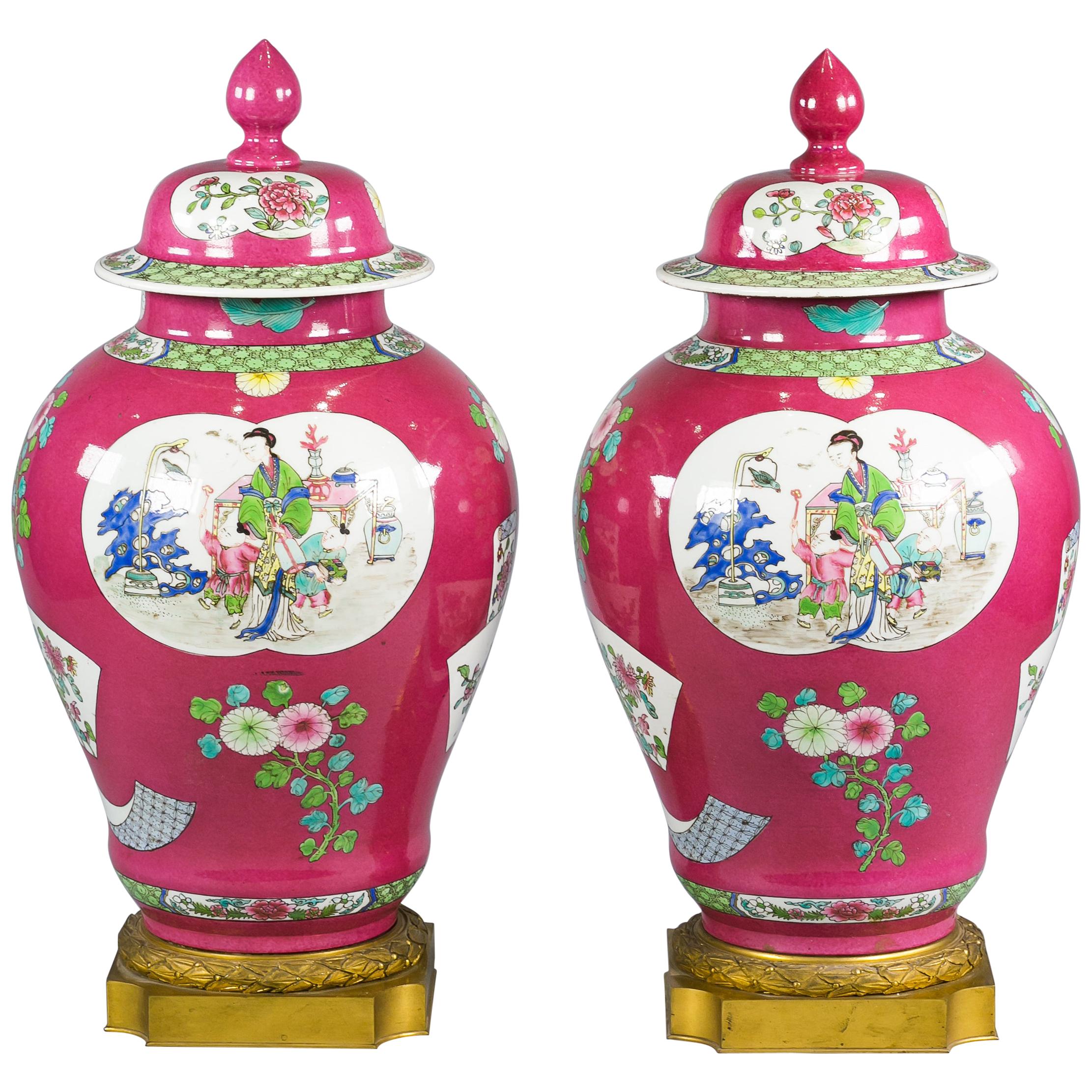 Pair of Ruby Ground French Porcelain Covered Vases, Samson, circa 1880 For Sale