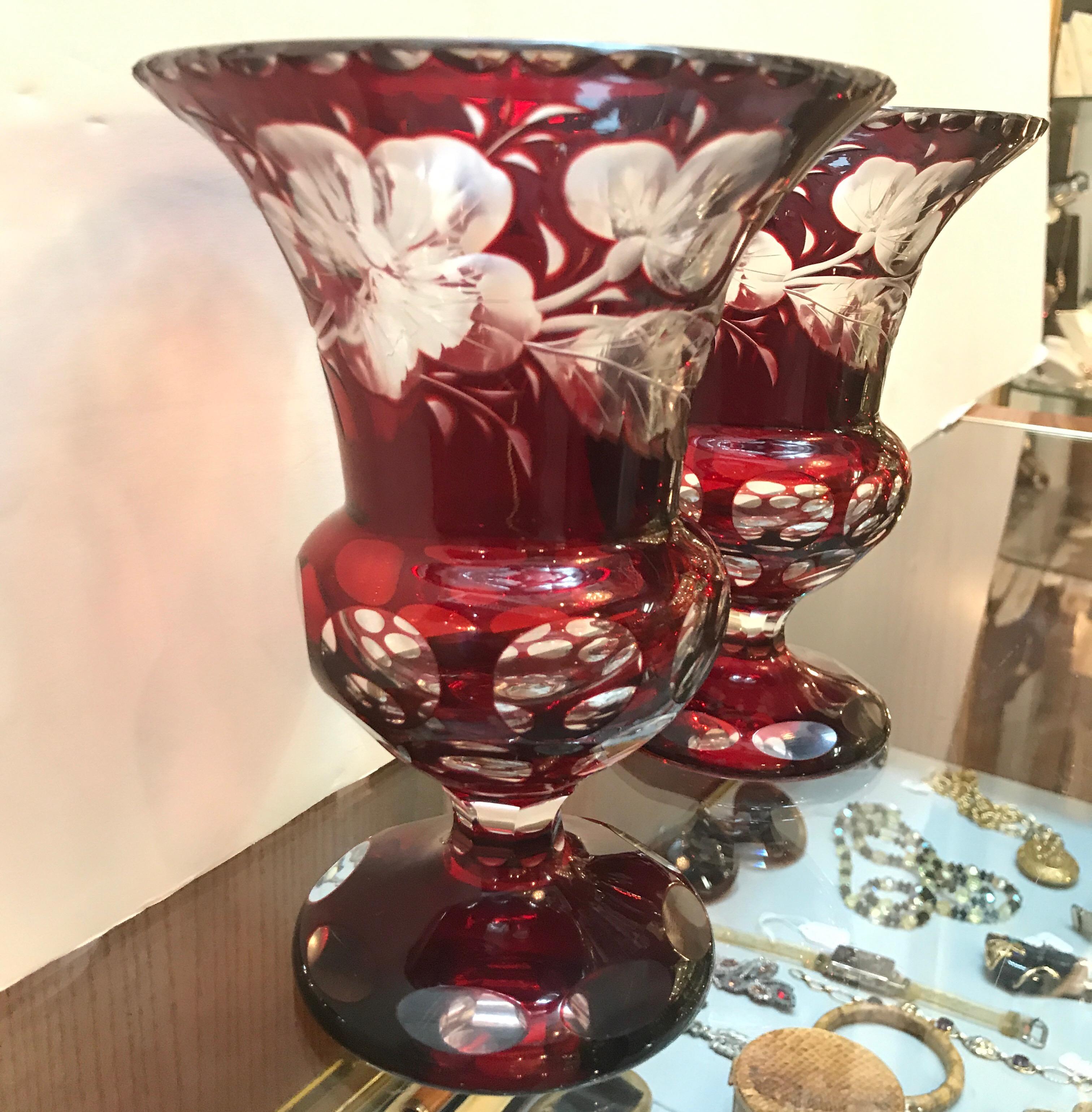 Czech Pair of Ruby Intaglao Cut to Clear Glass Campana Mantle Urns For Sale