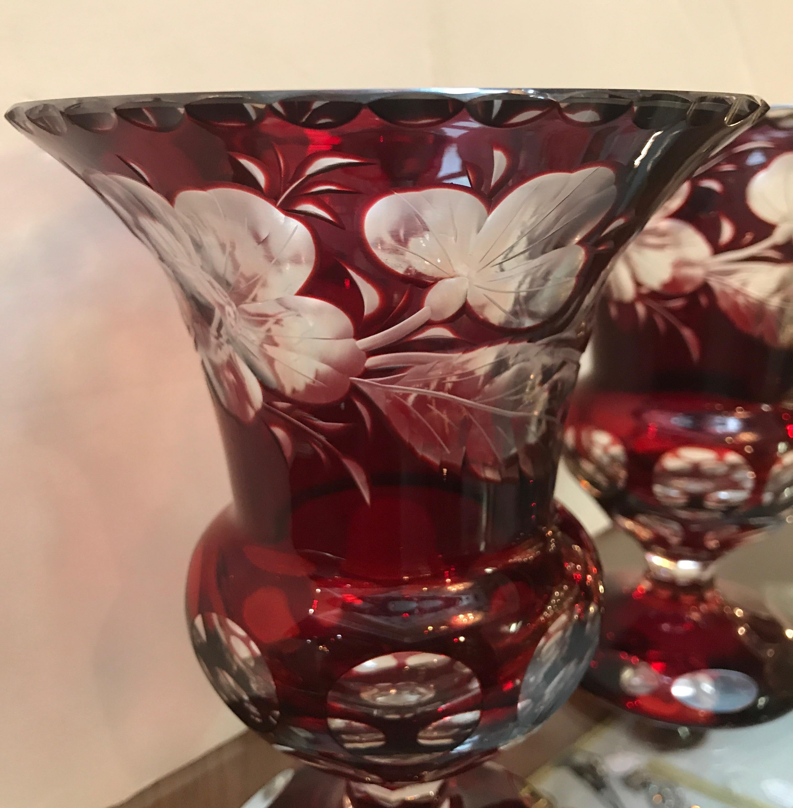 Early 20th Century Pair of Ruby Intaglao Cut to Clear Glass Campana Mantle Urns For Sale