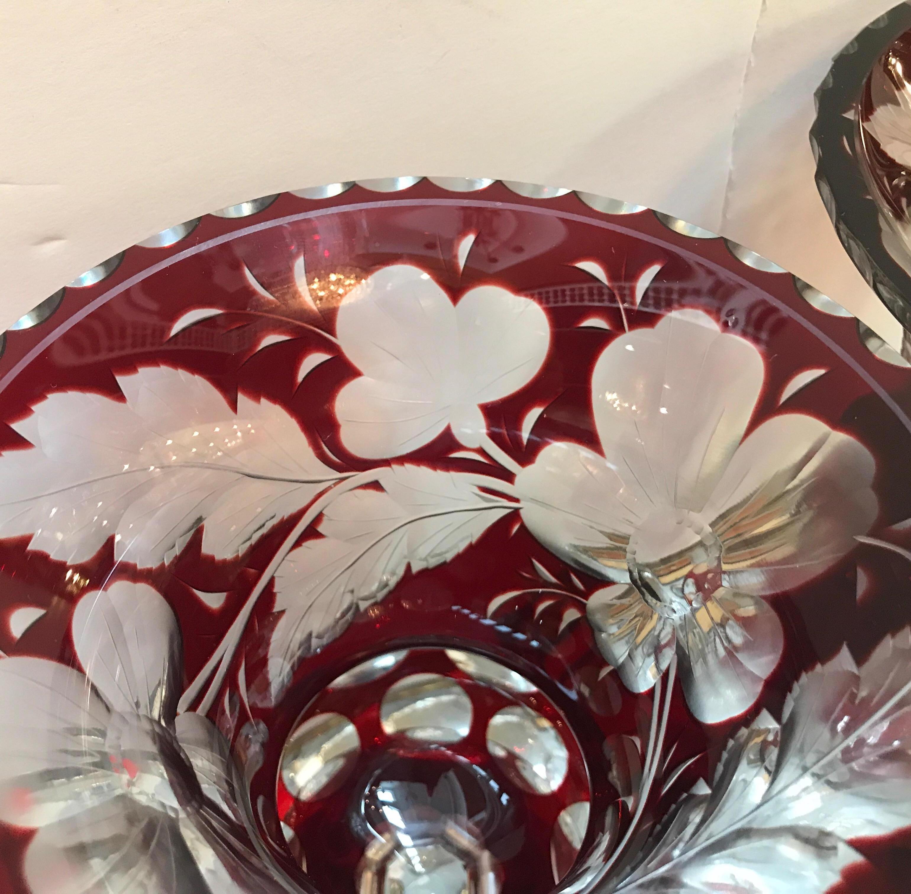 Pair of Ruby Intaglao Cut to Clear Glass Campana Mantle Urns For Sale 3