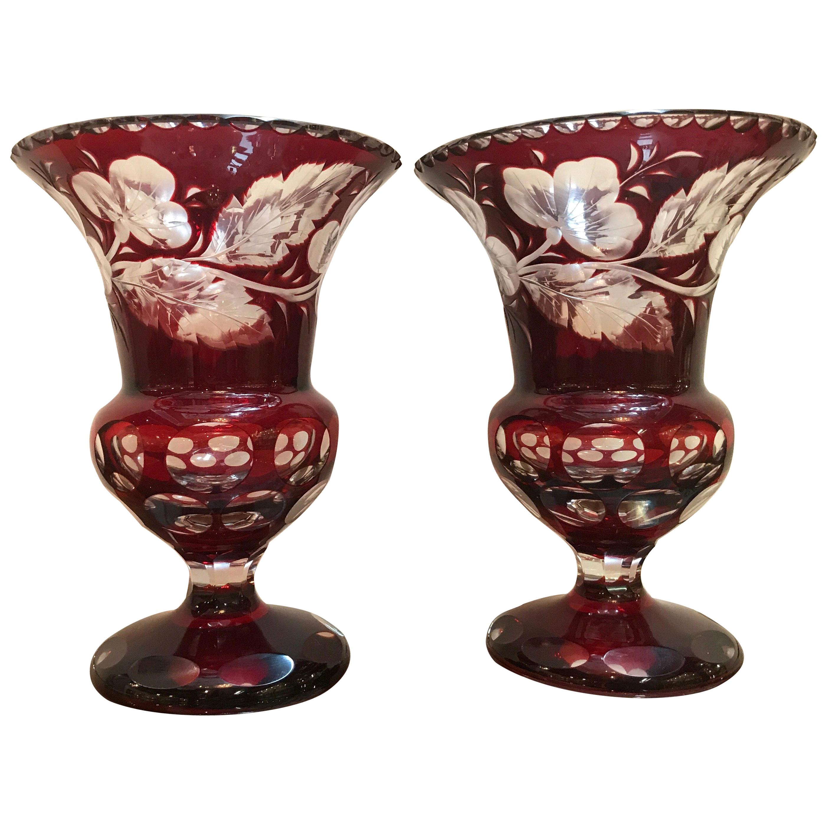 Pair of Ruby Intaglao Cut to Clear Glass Campana Mantle Urns For Sale