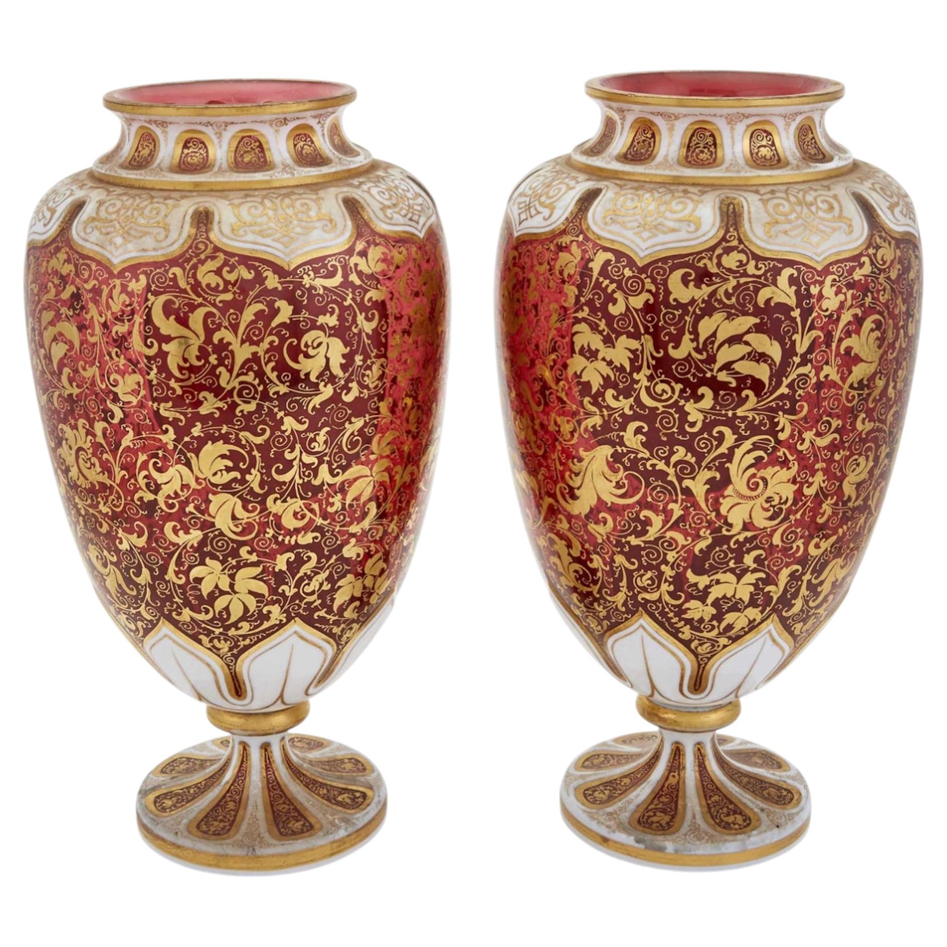 pair of ruby red bohemian glass portrait vases For Sale