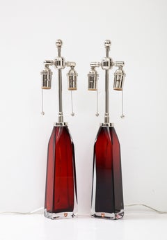 Pair of Ruby Red Crystal Lamps by Nils Landberg for Orrefors