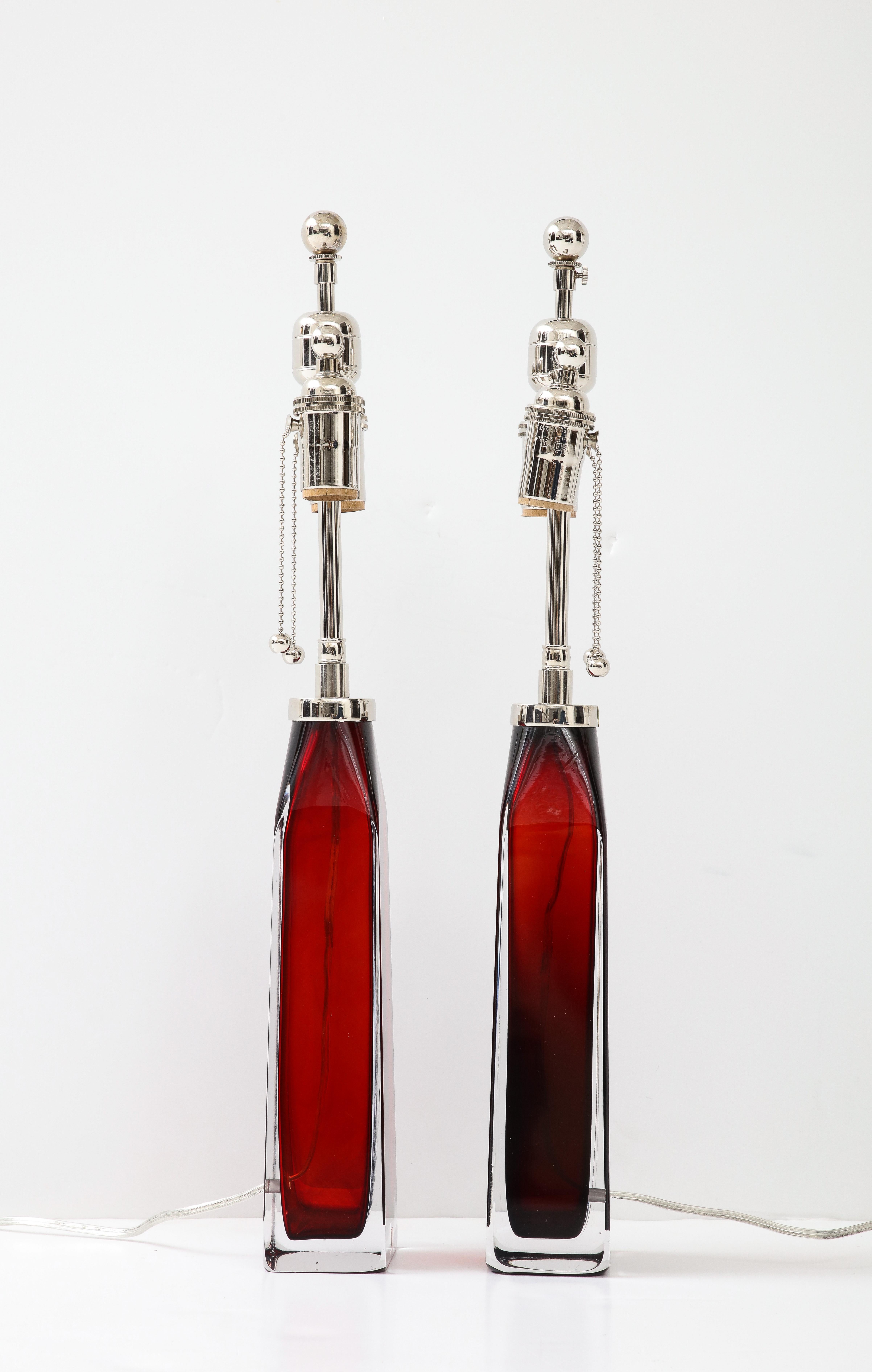 Scandinavian Modern Pair of Ruby Red Crystal Lamps by Nils Landberg for Orrefors For Sale
