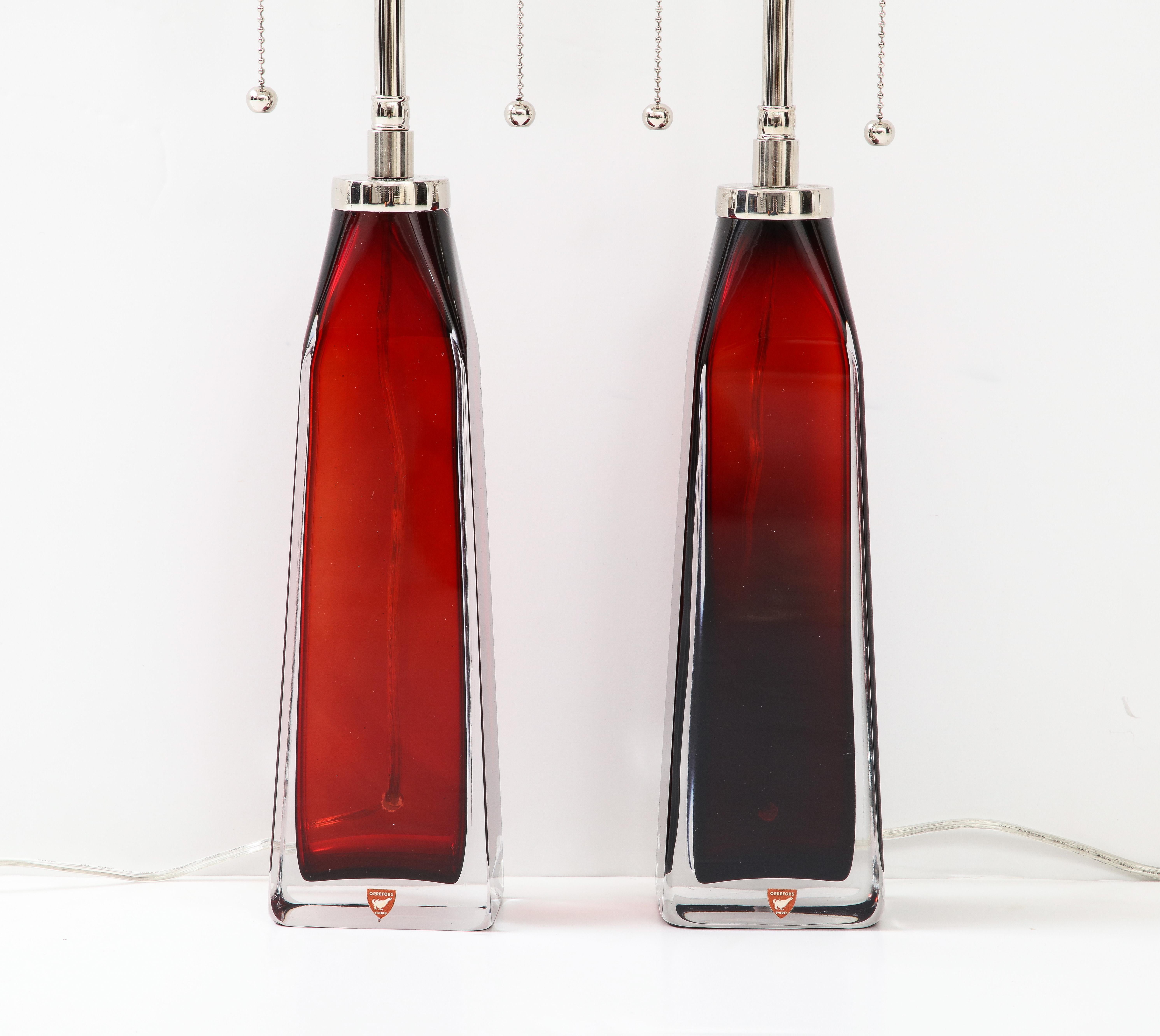 Swedish Pair of Ruby Red Crystal Lamps by Nils Landberg for Orrefors For Sale