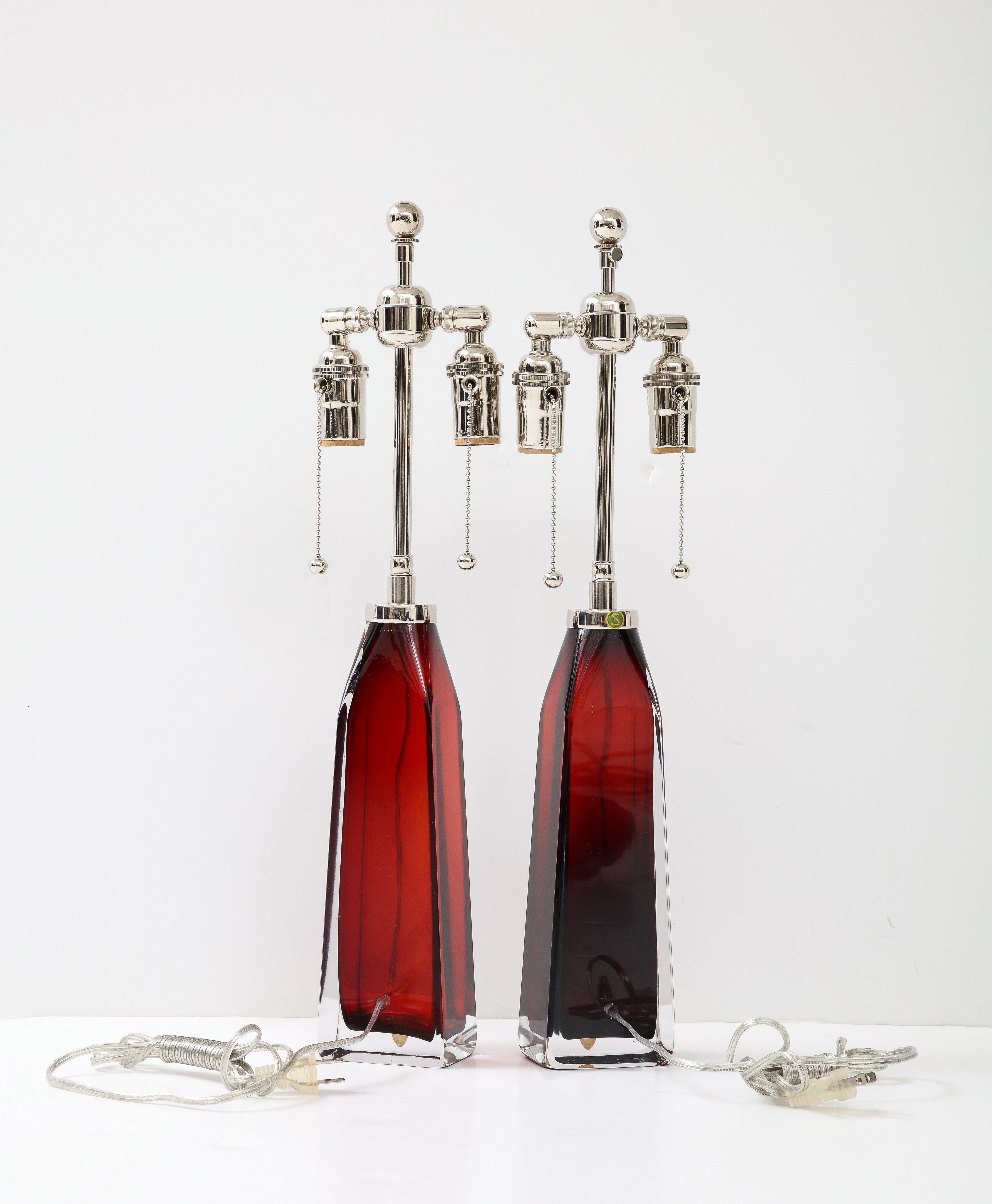 Pair of Ruby Red Crystal Lamps by Nils Landberg for Orrefors For Sale 1