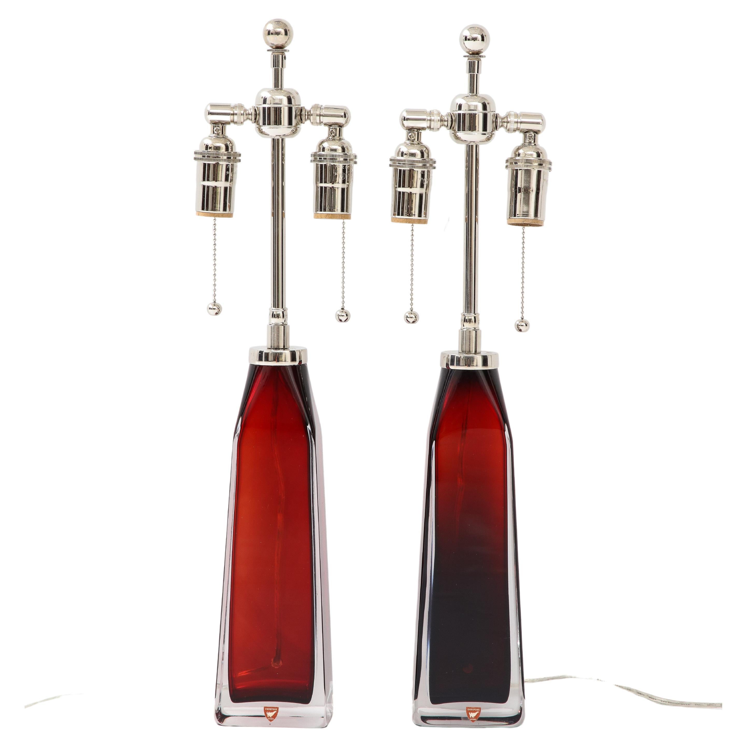 Pair of Ruby Red Crystal Lamps by Nils Landberg for Orrefors For Sale