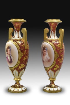 Pair of Ruby Red Glass Urns with Portraits, Bohemia, 19th Century