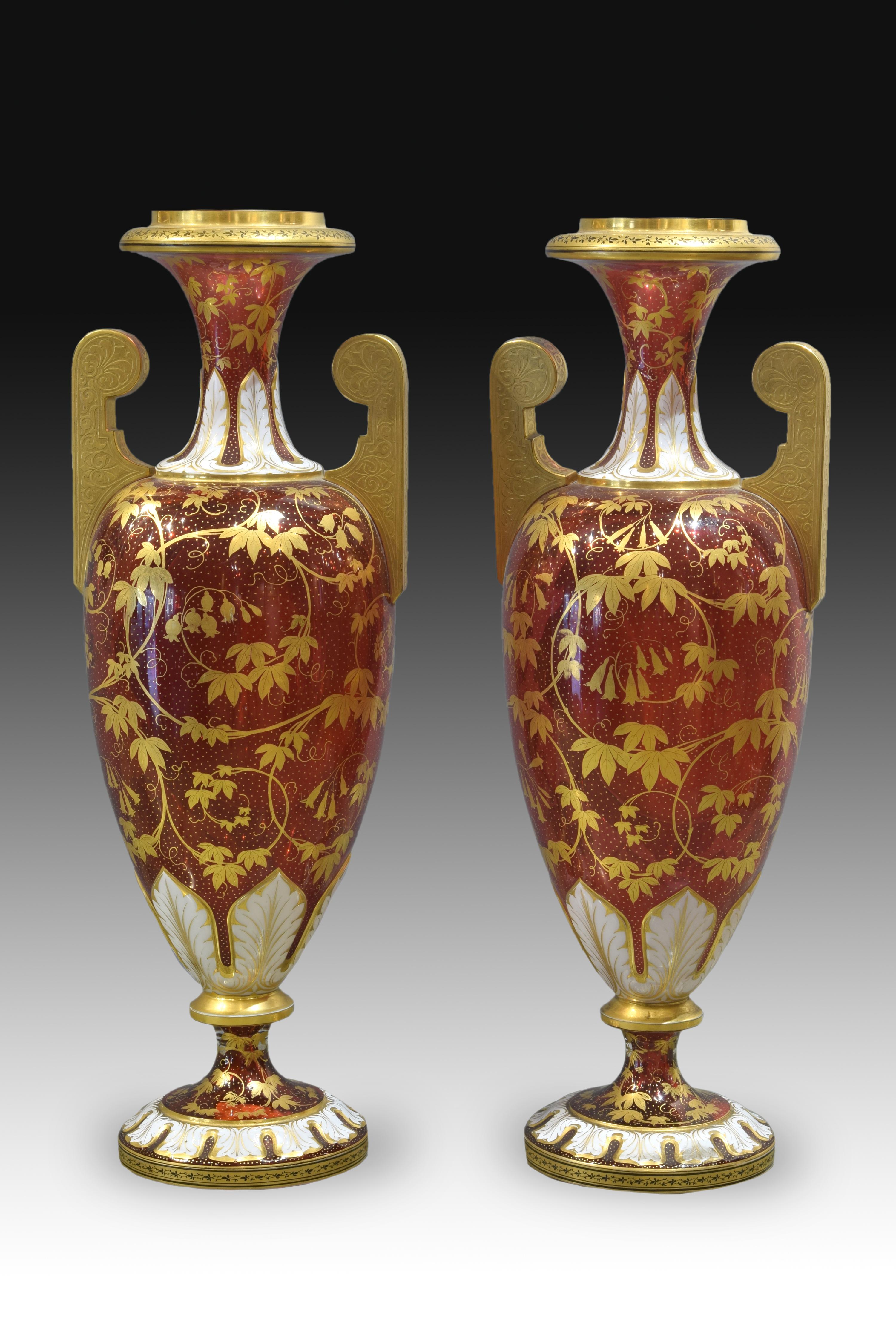 Neoclassical Pair of Ruby Red Glass Urns with Portraits, Bohemia, 19th Century